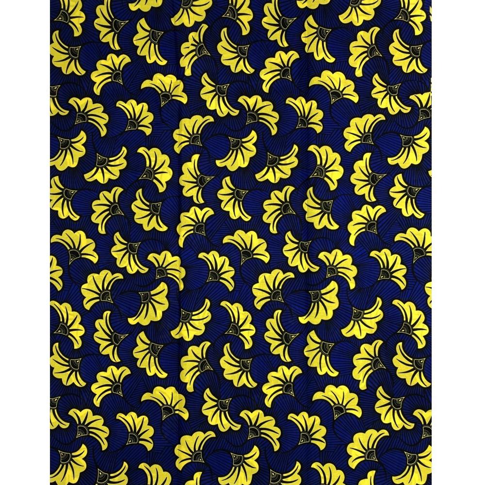 Wax African Loincloth Fabric - Coupon 2 Yards 100% Cotton - Wedding Flowers - BLUE / YELLOW