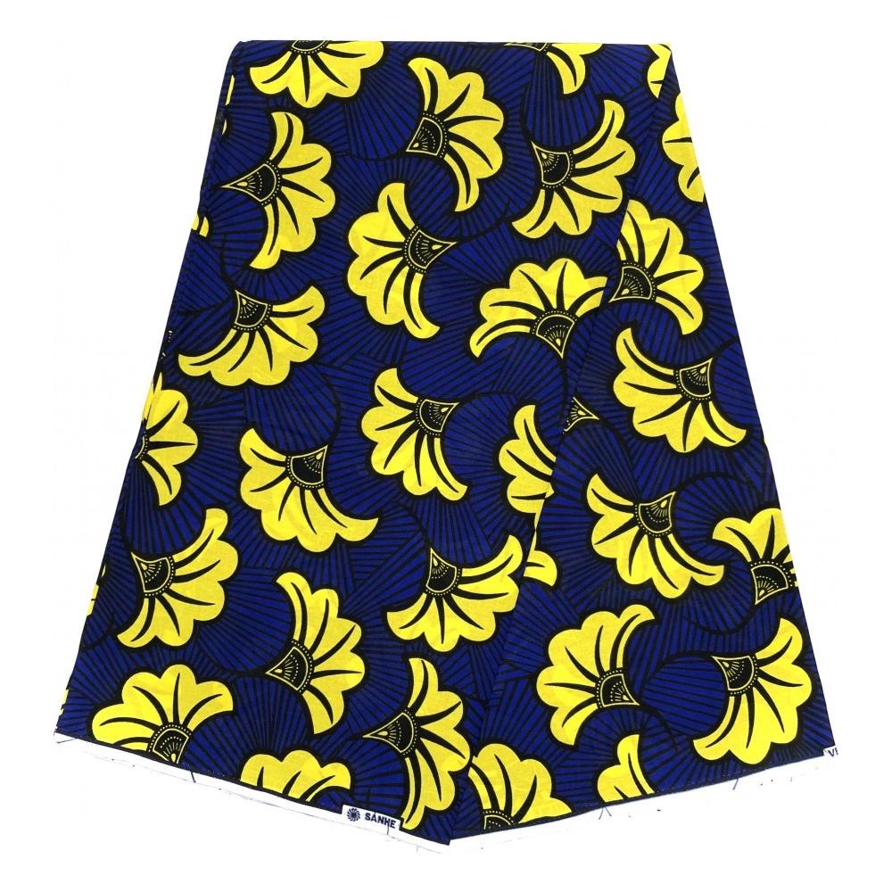 Tessuto per perizoma africano in cera - Coupon 2 iarde 100% cotone - Fiori nuziali - BLU / GIALLO