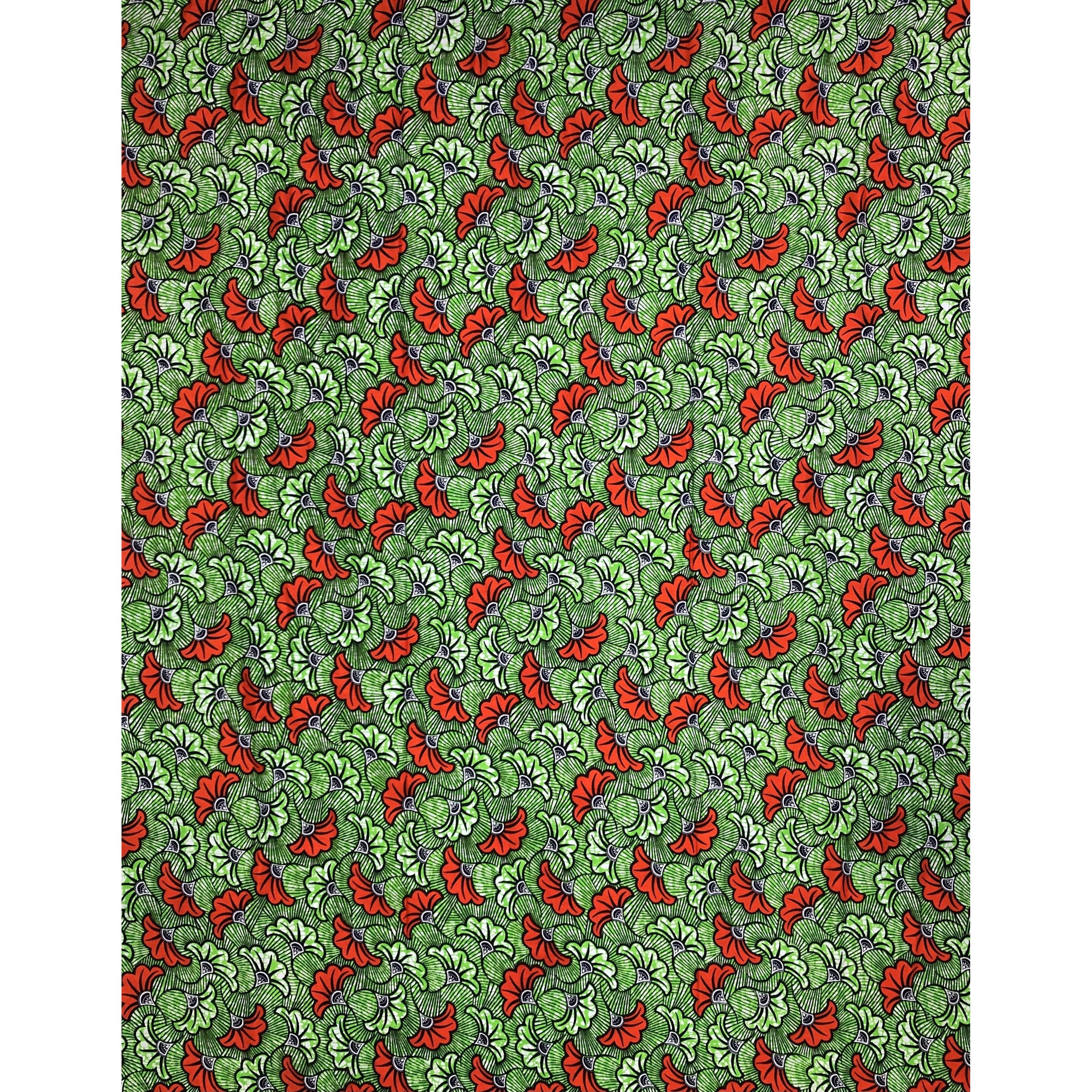 Wax Pagne Africain - Tissu 6 Yards 100% Coton - Fleurs Mariage - VERT / ORANGE