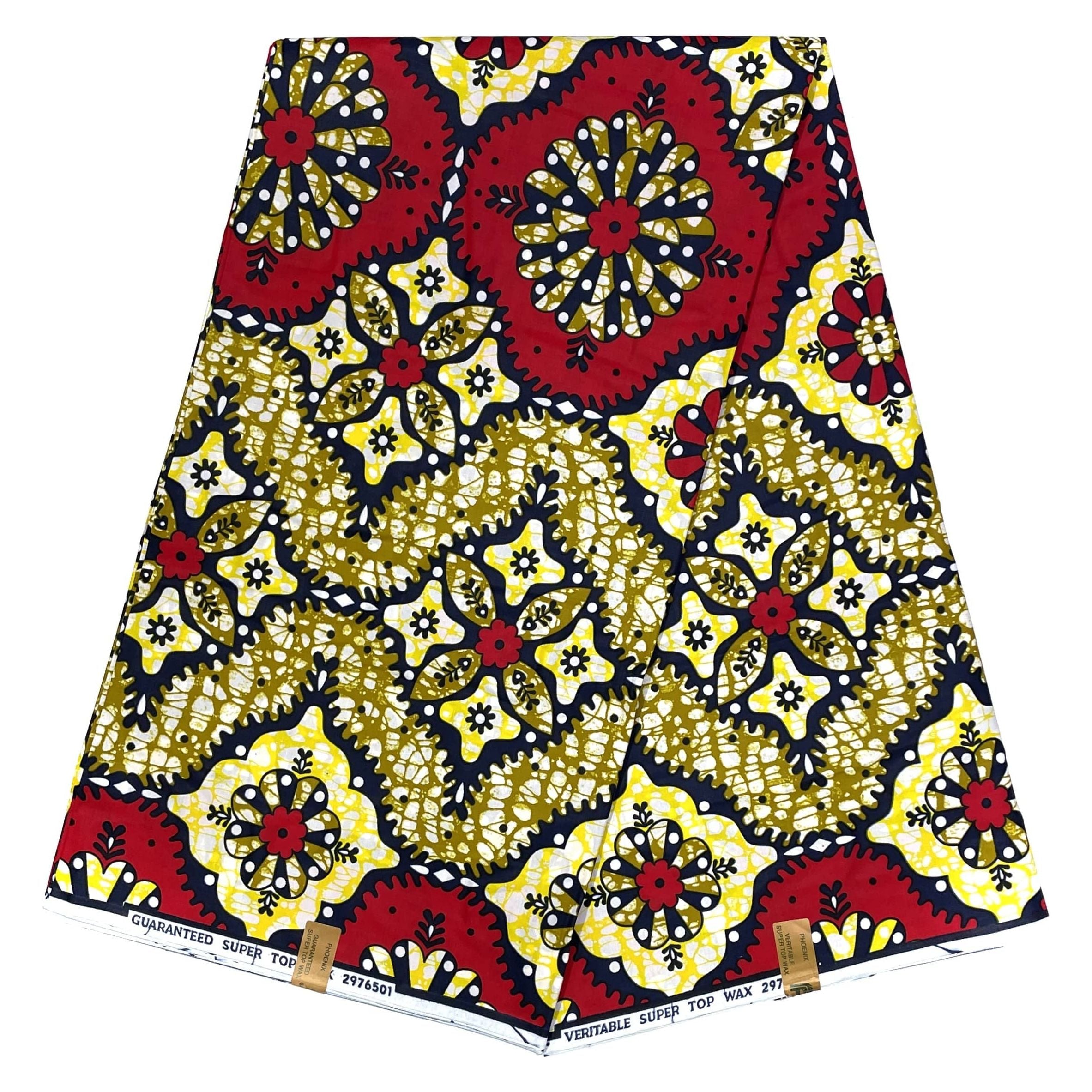 African Wax Pagne - 6 Yards 100% Cotton Fabric - TUNNEL - RED / YELLOW