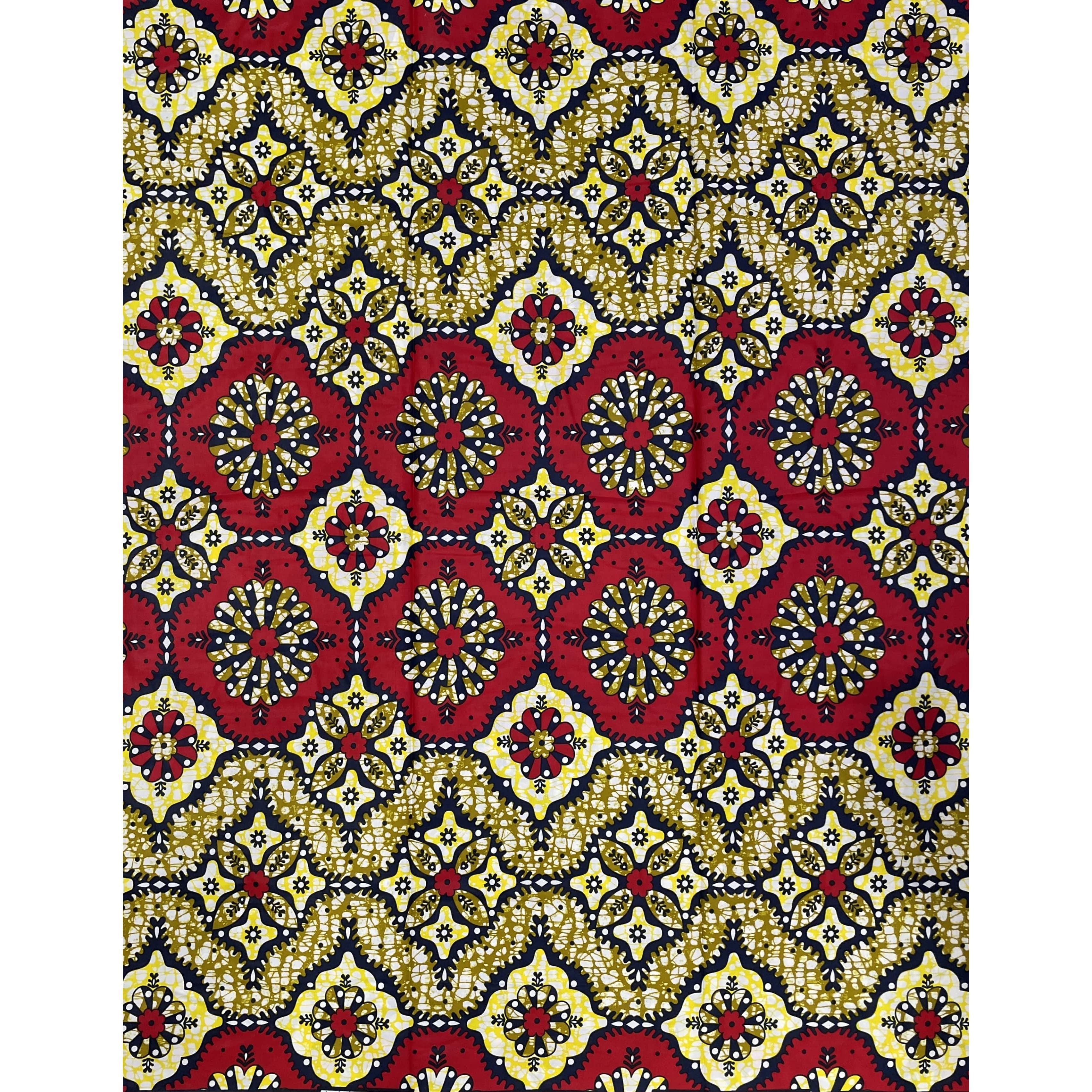 Wax Pagne Africain - Tissu 6 Yards 100% Coton - TUNNEL - ROUGE / JAUNE