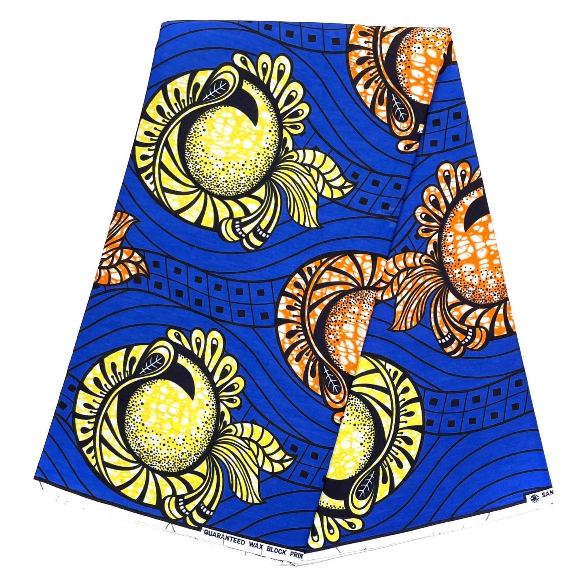 Pagne di cera africana - Tessuto 100% cotone da 6 metri - BLU / GIALLO