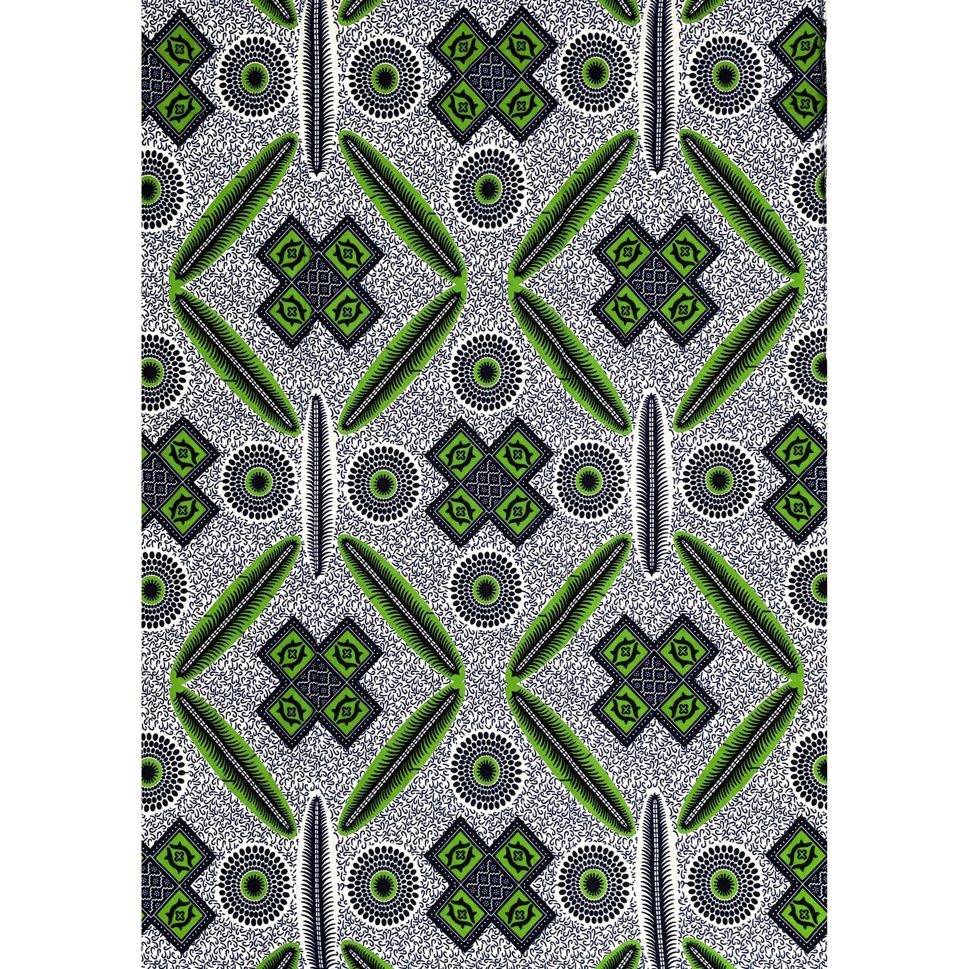 Wax Pagne Africain - Tissu 6 Yards 100% Coton - BLANC / VERT