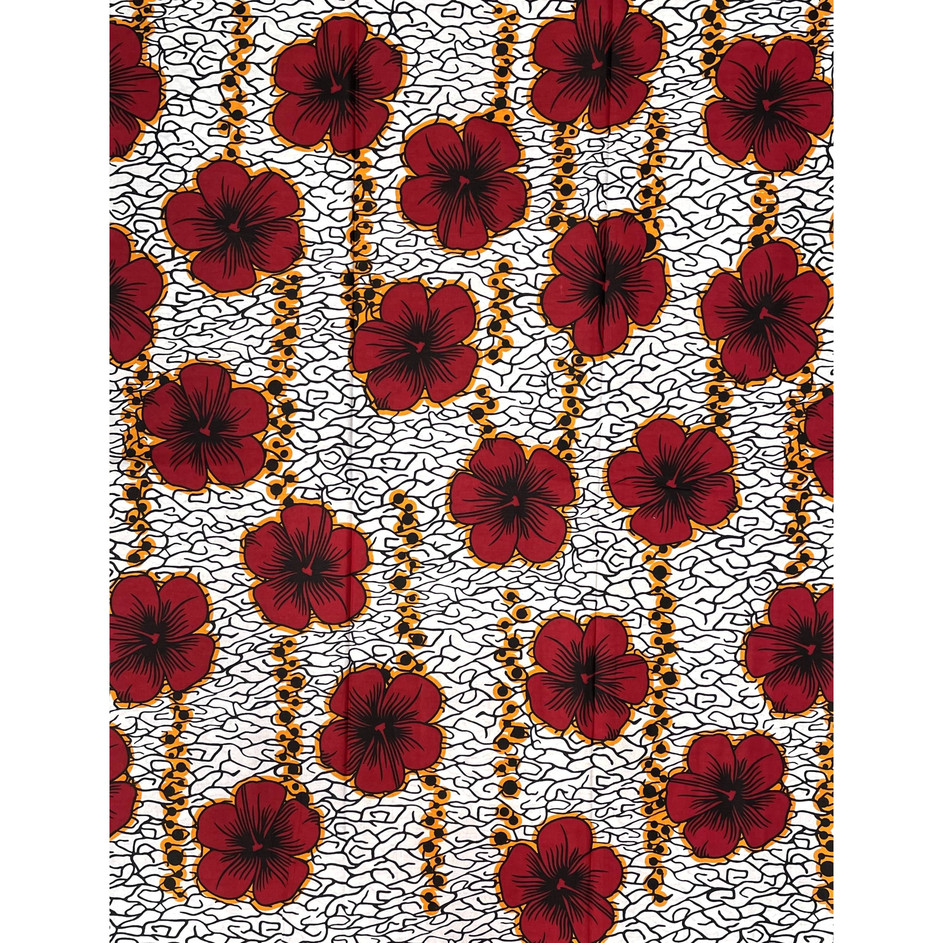 Pagne in cera africana - Tessuto 6 metri 100% cotone - Fondo fiori - BIANCO / ROSSO