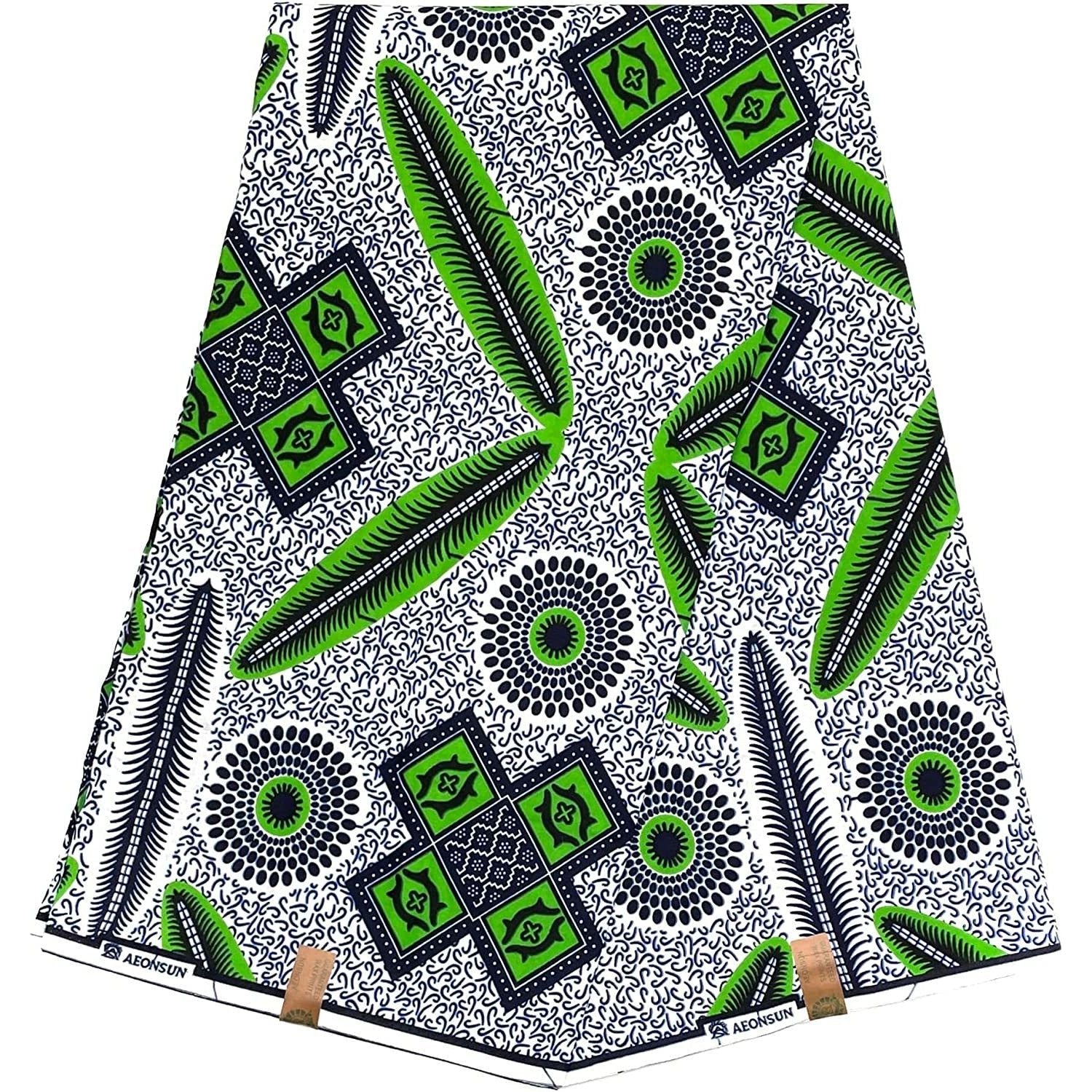 African Wax Pagne - 6 Yards 100% Cotton Fabric - WHITE / GREEN