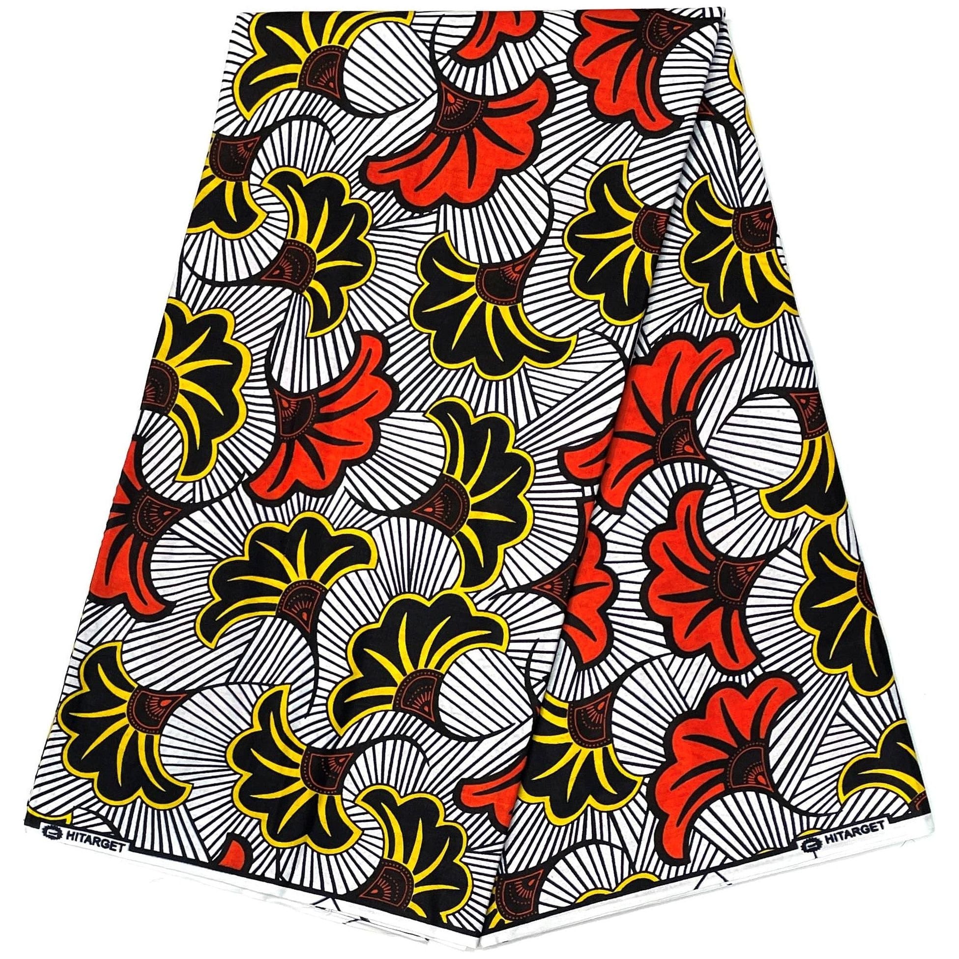 Pagne di cera africana - Tessuto di cotone 100% da 6 metri - Fiori nuziali - BIANCO / ARANCIONE / NERO