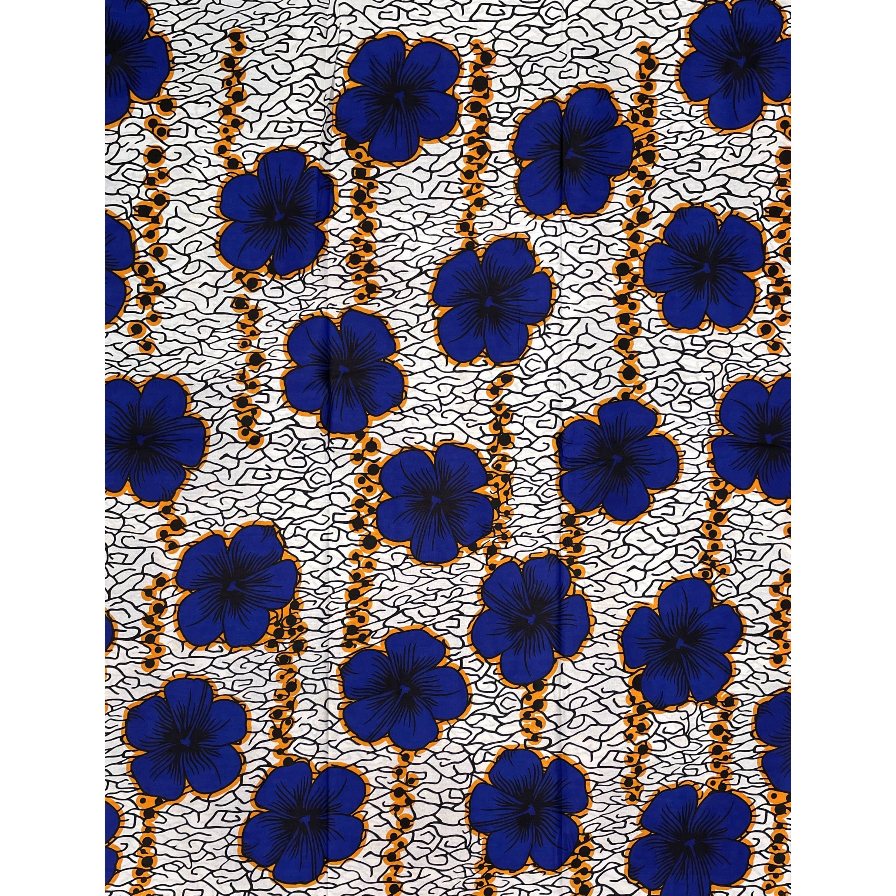 African Wax Pagne - Fabric 6 Yards 100% Cotton - Flowers Bottom - WHITE / BLUE