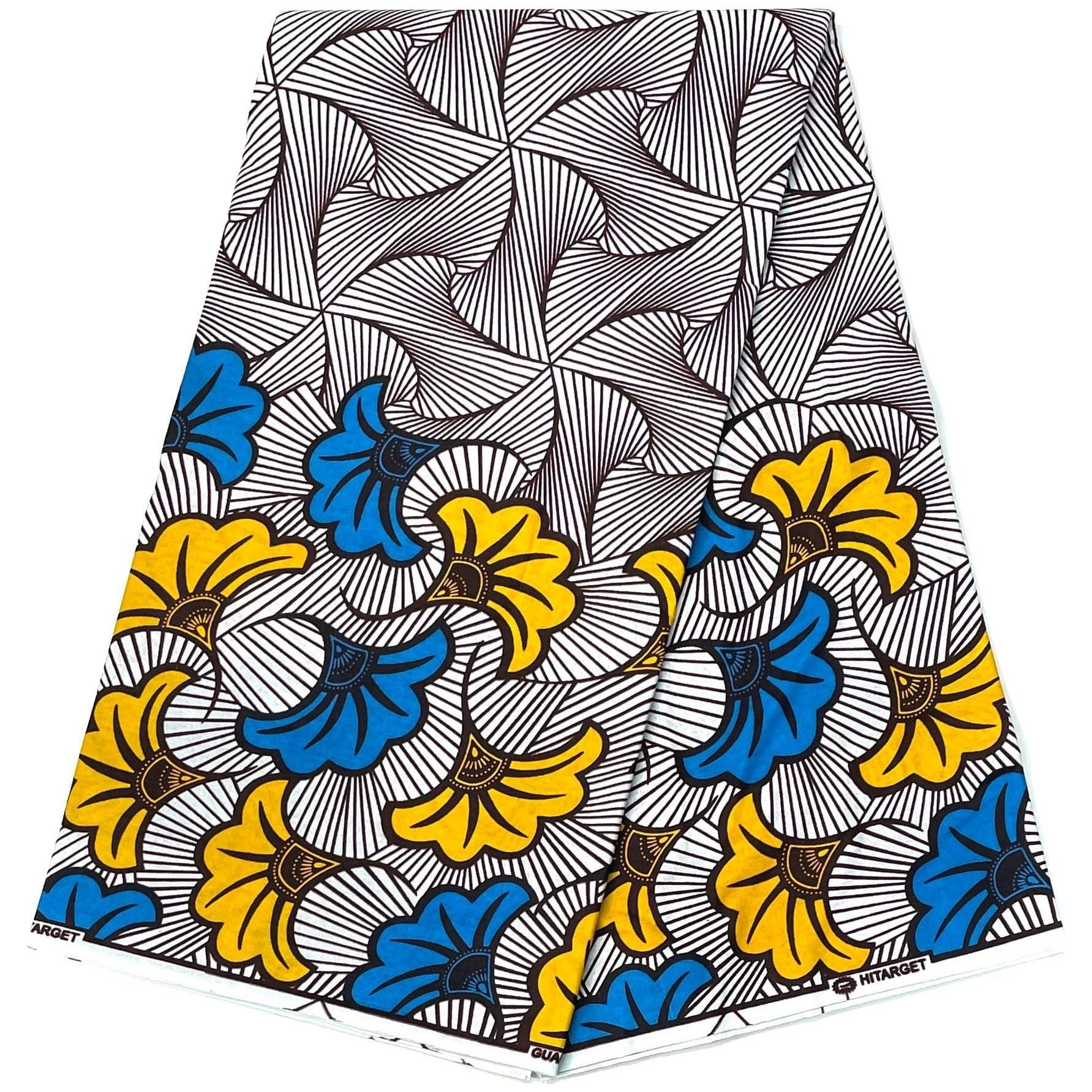 Pagne in cera africana - Tessuto 100% cotone da 6 iarde - Bordi floreali - GIALLO/BLU/BIANCO