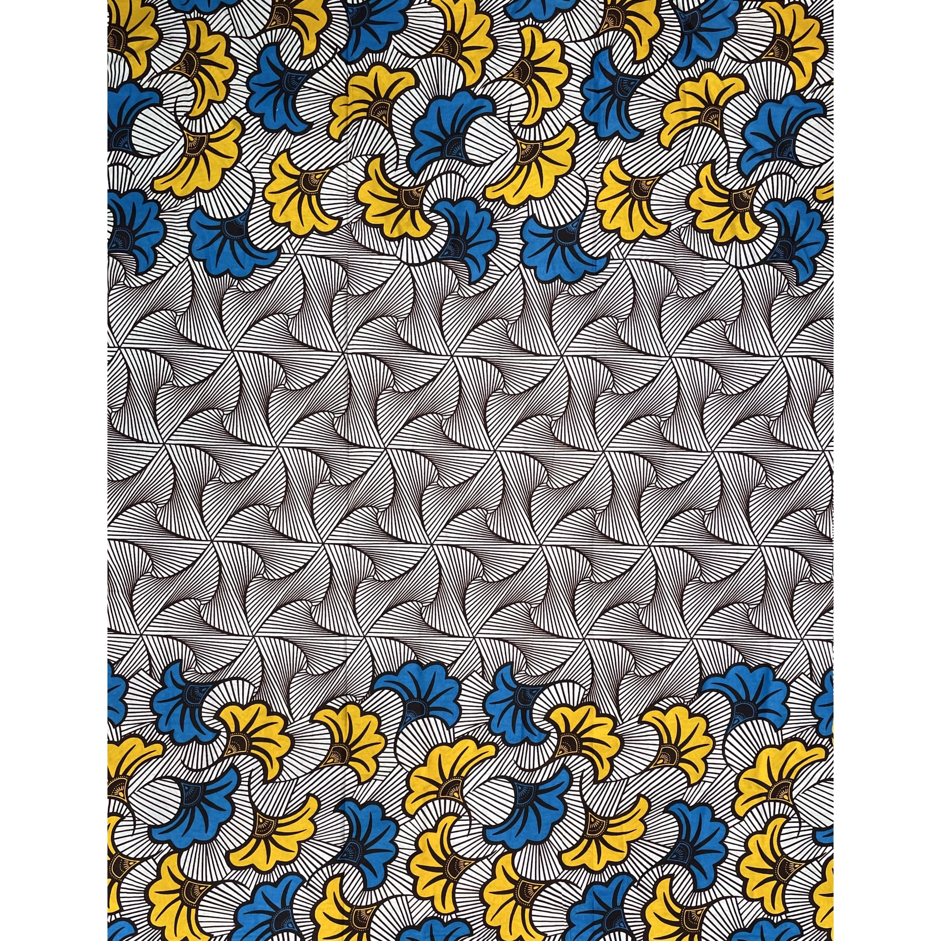 Pagne in cera africana - Tessuto 100% cotone da 6 iarde - Bordi floreali - GIALLO/BLU/BIANCO