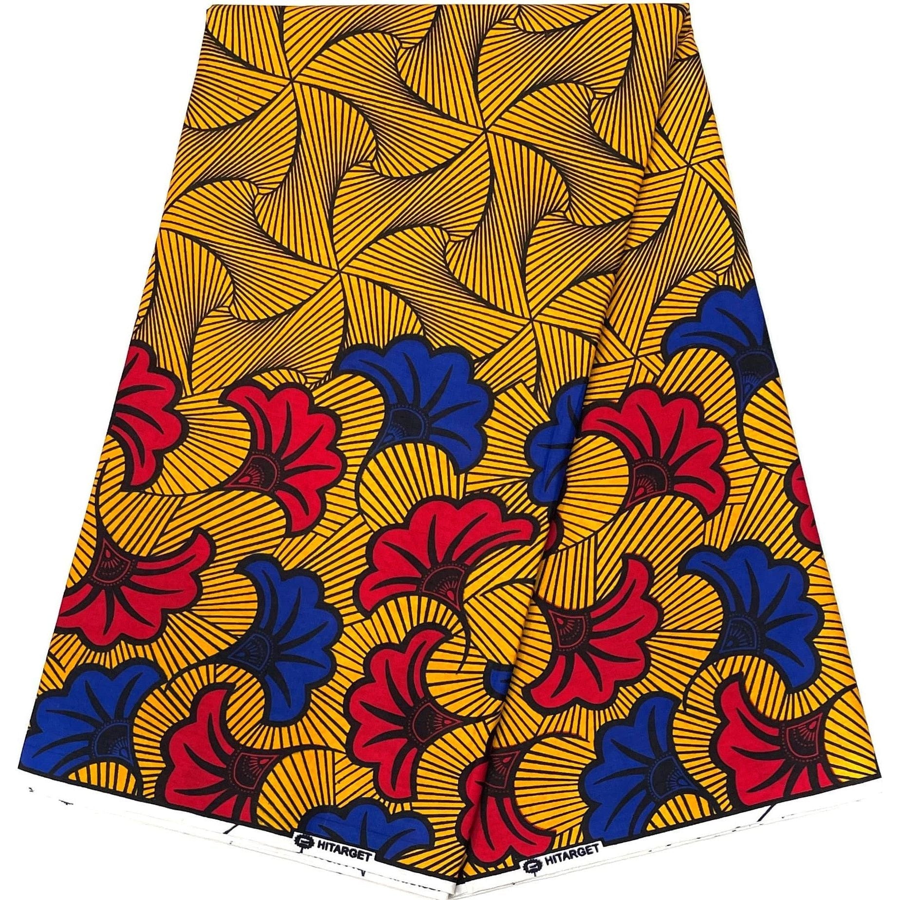 Pagne di cera africana - Tessuto di cotone 100% da 6 metri - Bordi di fiori - ORO / ROSSO / BLU