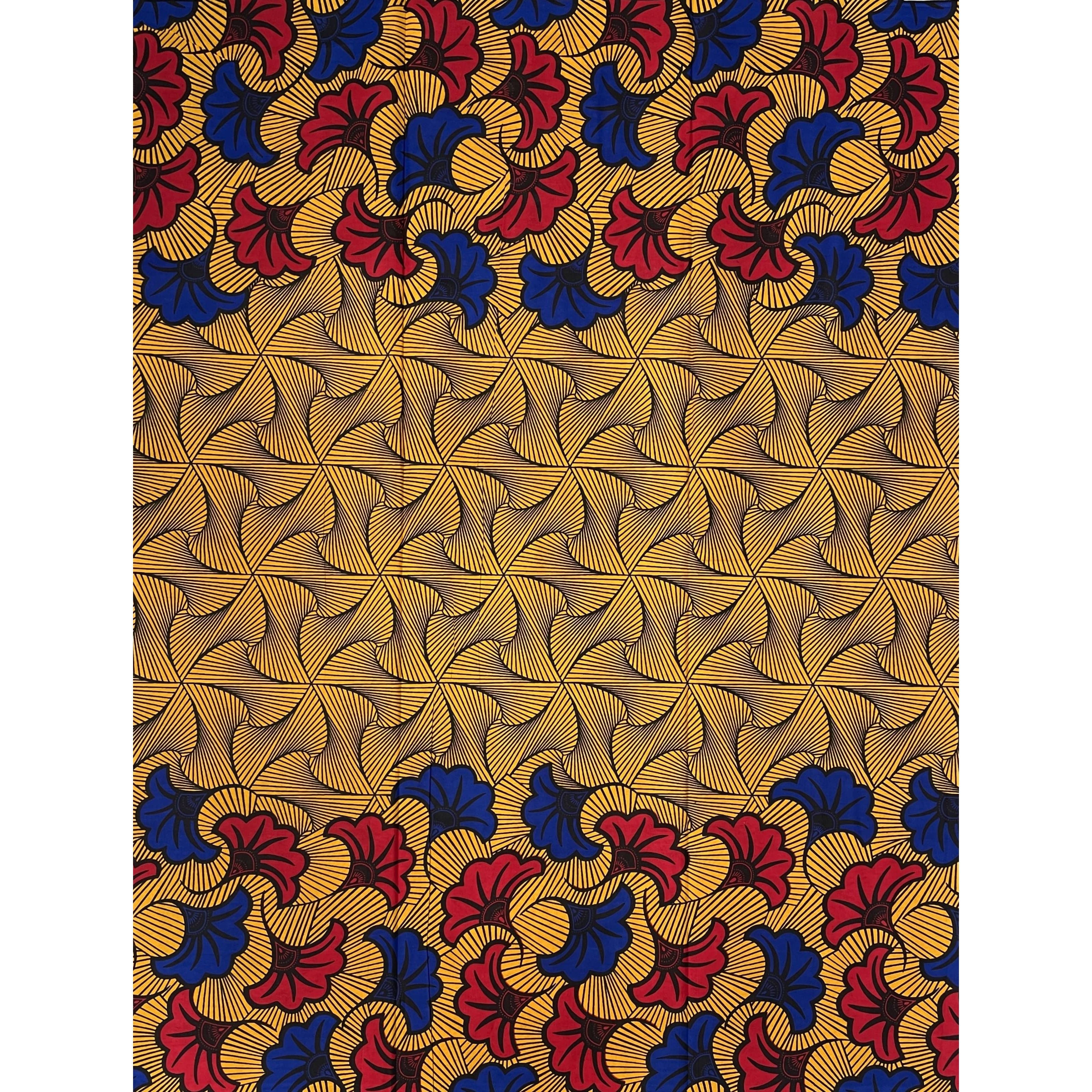 Pagne di cera africana - Tessuto di cotone 100% da 6 metri - Bordi di fiori - ORO / ROSSO / BLU