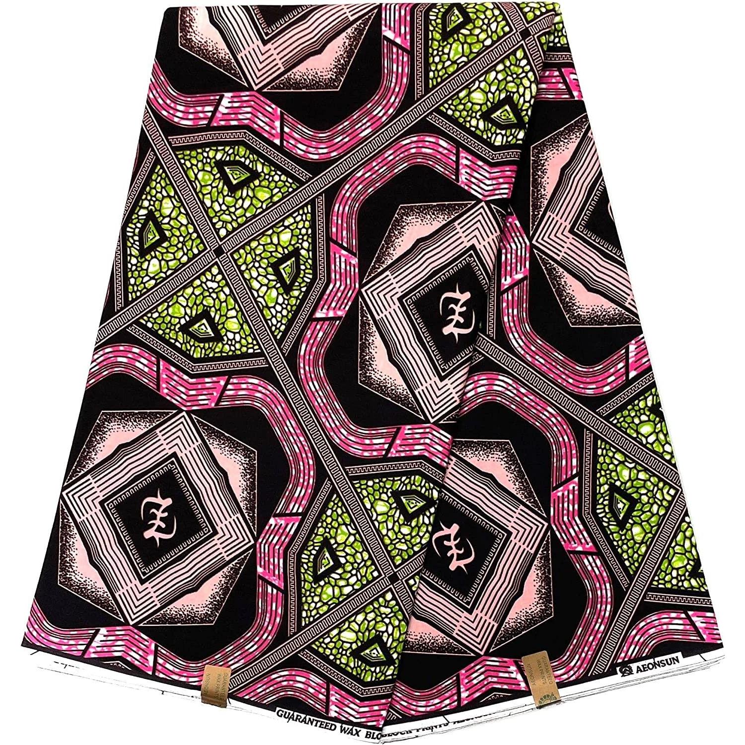 African Wax Pagne - 6 Yards 100% Cotton Fabric - PINK / GREEN