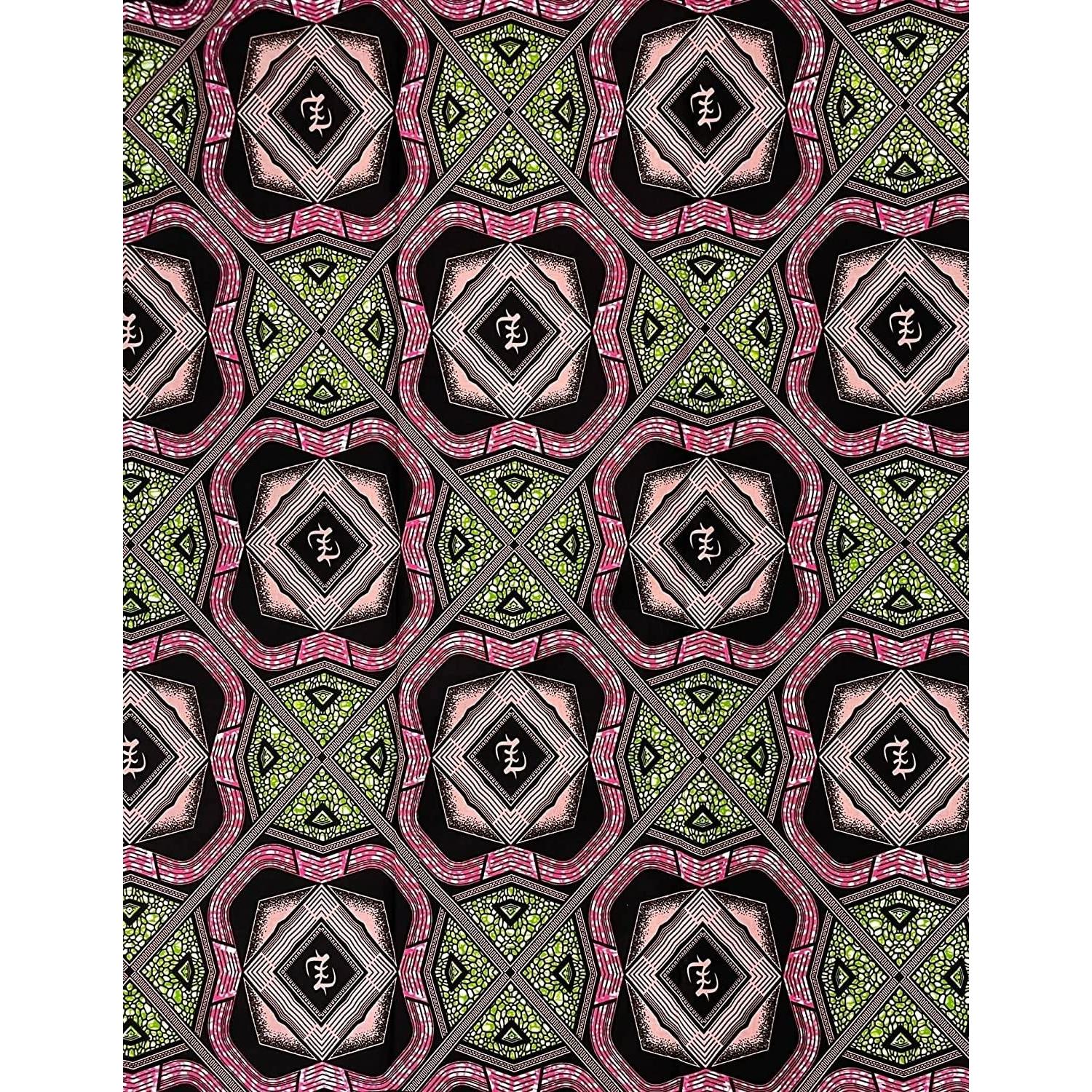 African Wax Pagne - 6 Yards 100% Cotton Fabric - PINK / GREEN