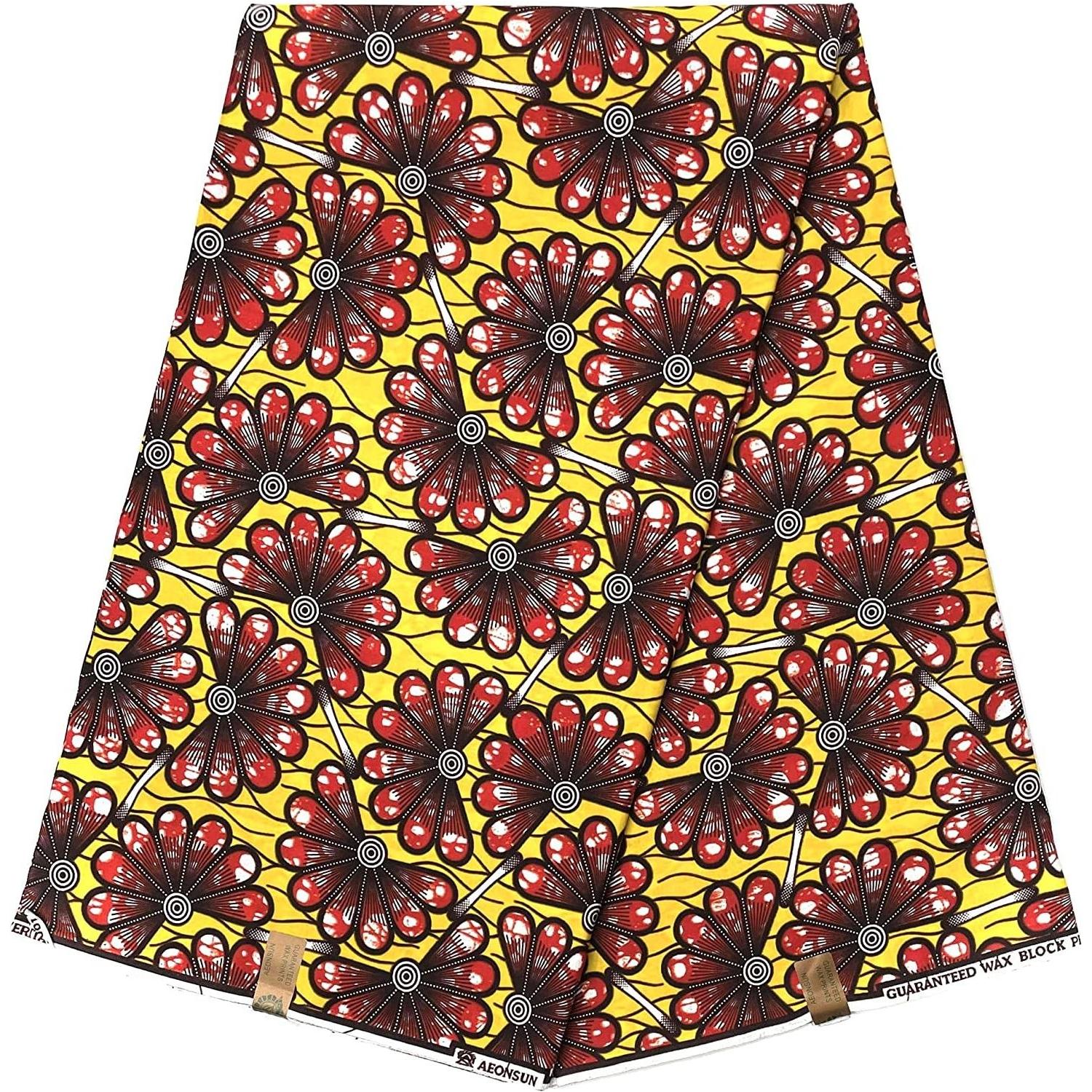 Pagne di cera africana - Tessuto 100% cotone da 6 metri - Ventaglio di fiori - GIALLO / ROSSO