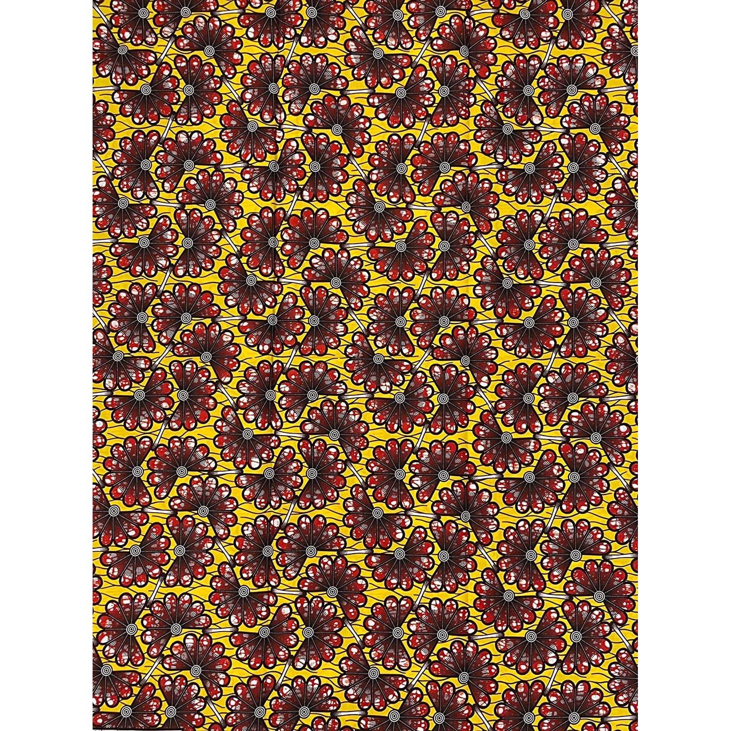 Pagne di cera africana - Tessuto 100% cotone da 6 metri - Ventaglio di fiori - GIALLO / ROSSO