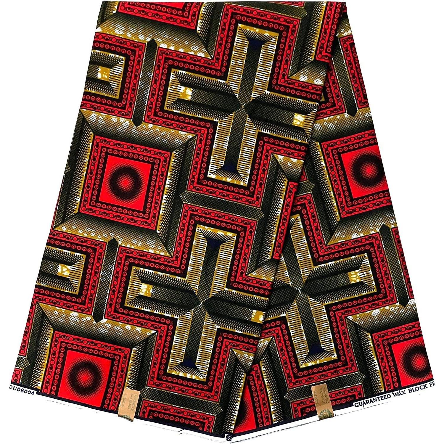 African Wax Pagne - 6 Yards 100% Cotton Fabric - RED / KHAKI