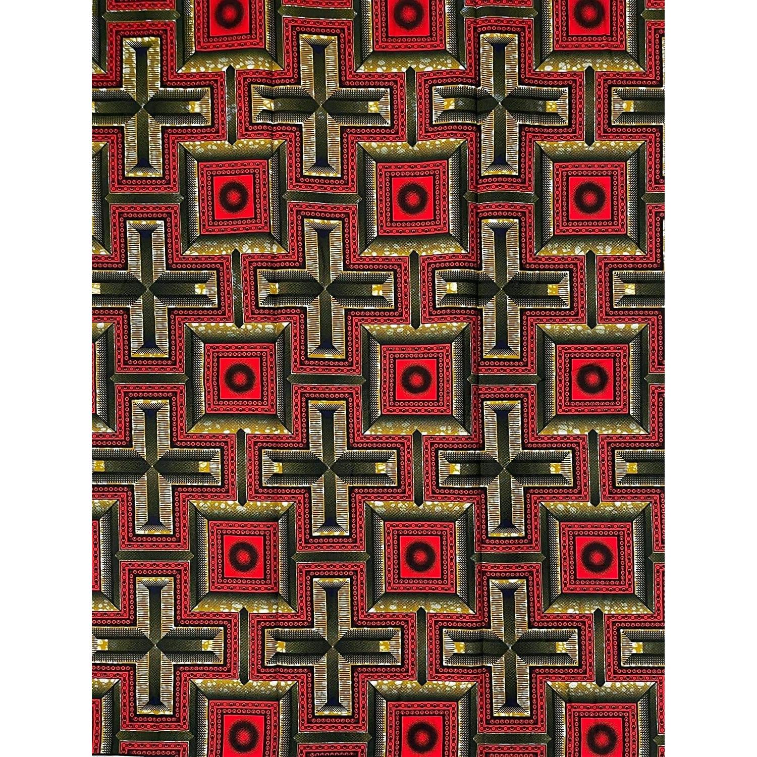 African Wax Pagne - 6 Yards 100% Cotton Fabric - RED / KHAKI