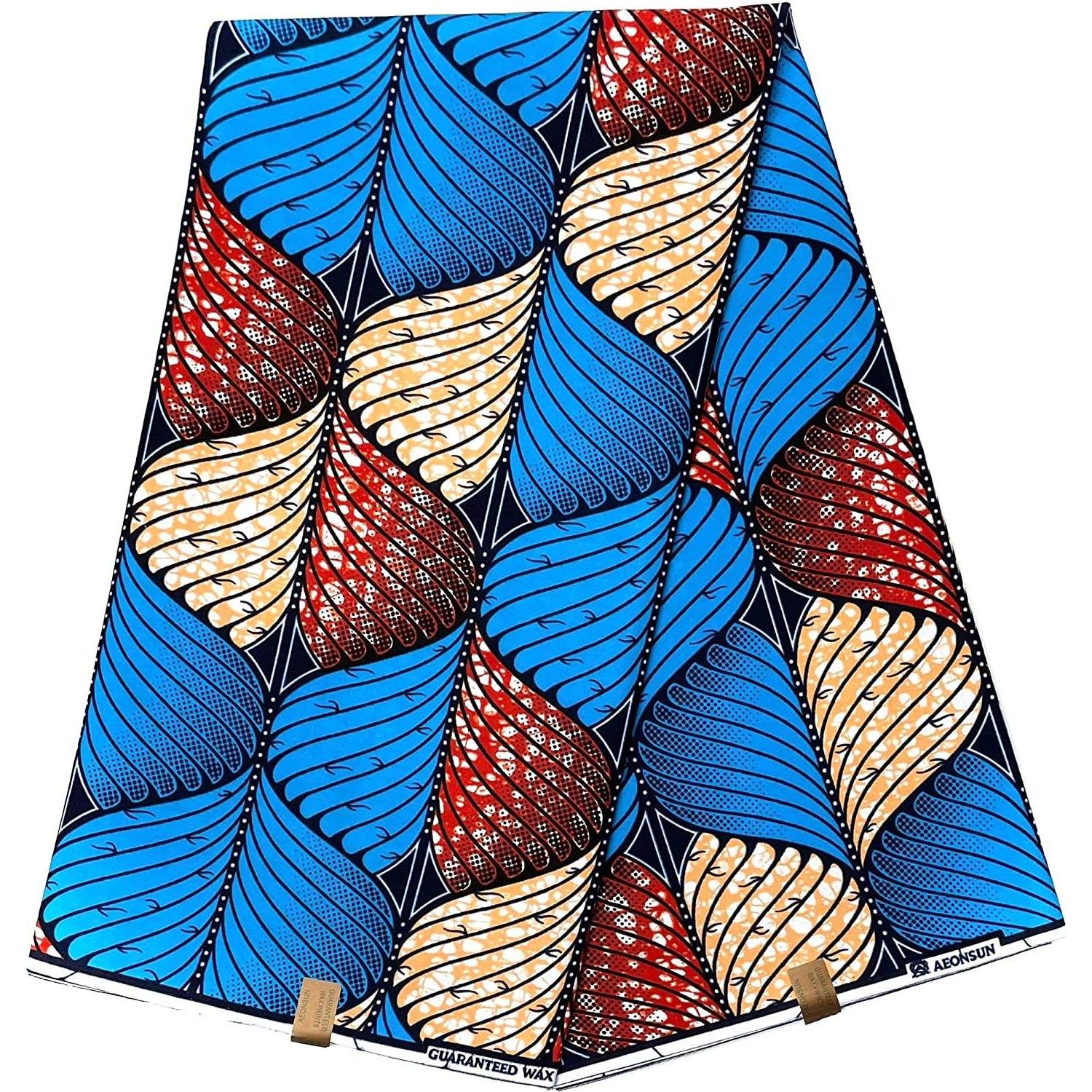 Wax Pagne Africain - Tissu 6 Yards 100% Coton - BLEU / ROUGE