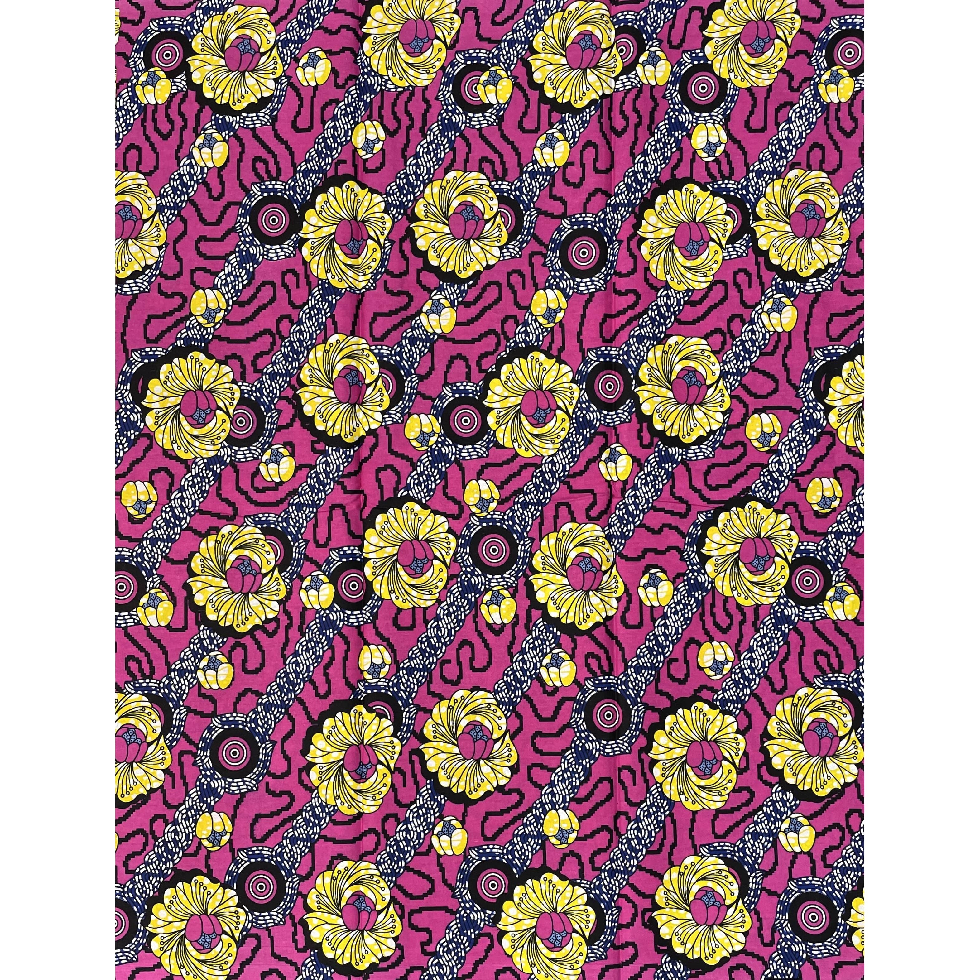 Pagne di cera africana - Tessuto 100% cotone da 6 metri - ROSA / GIALLO