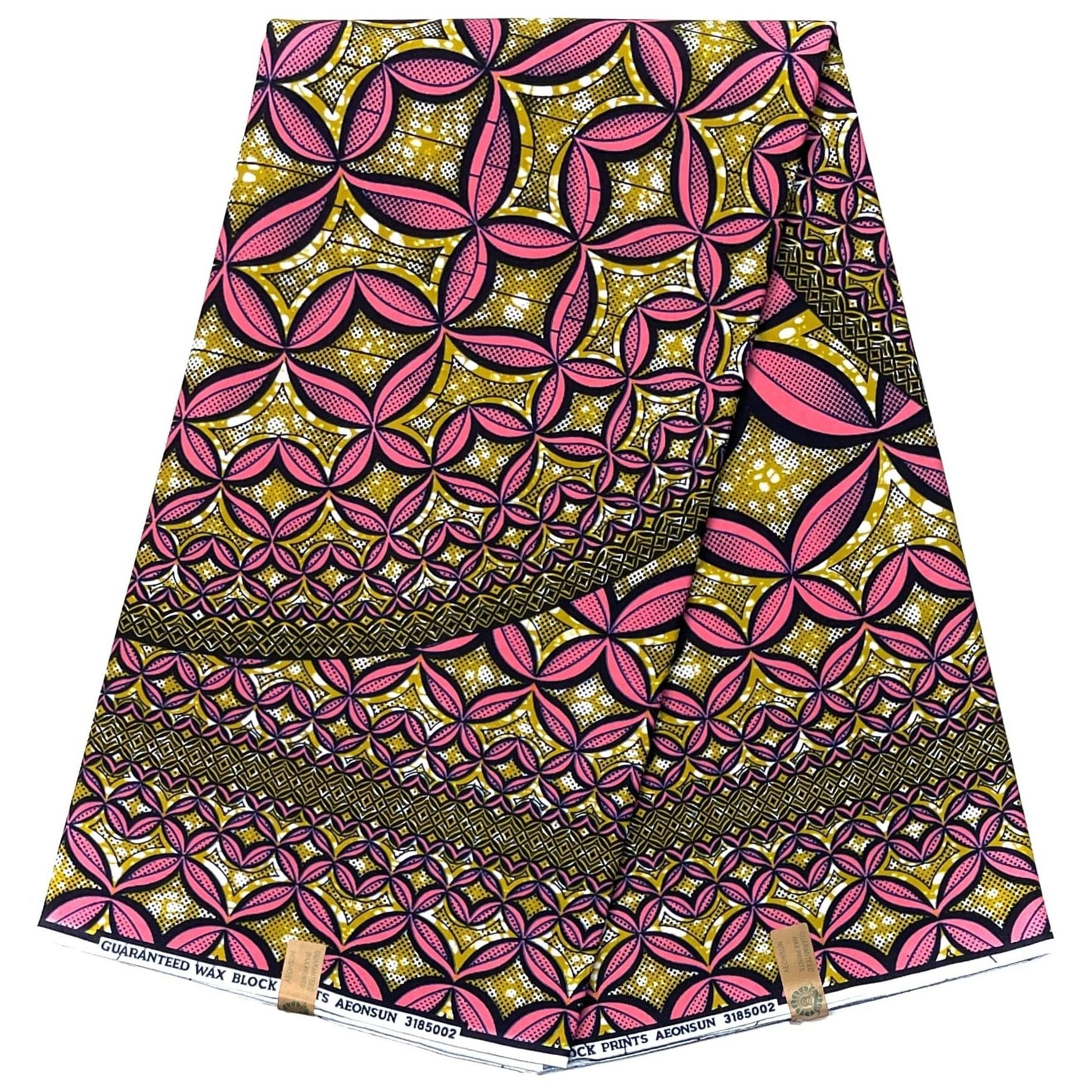 African Wax Pagne - 6 Yards 100% Cotton Fabric - PINK / KHAKI GREEN