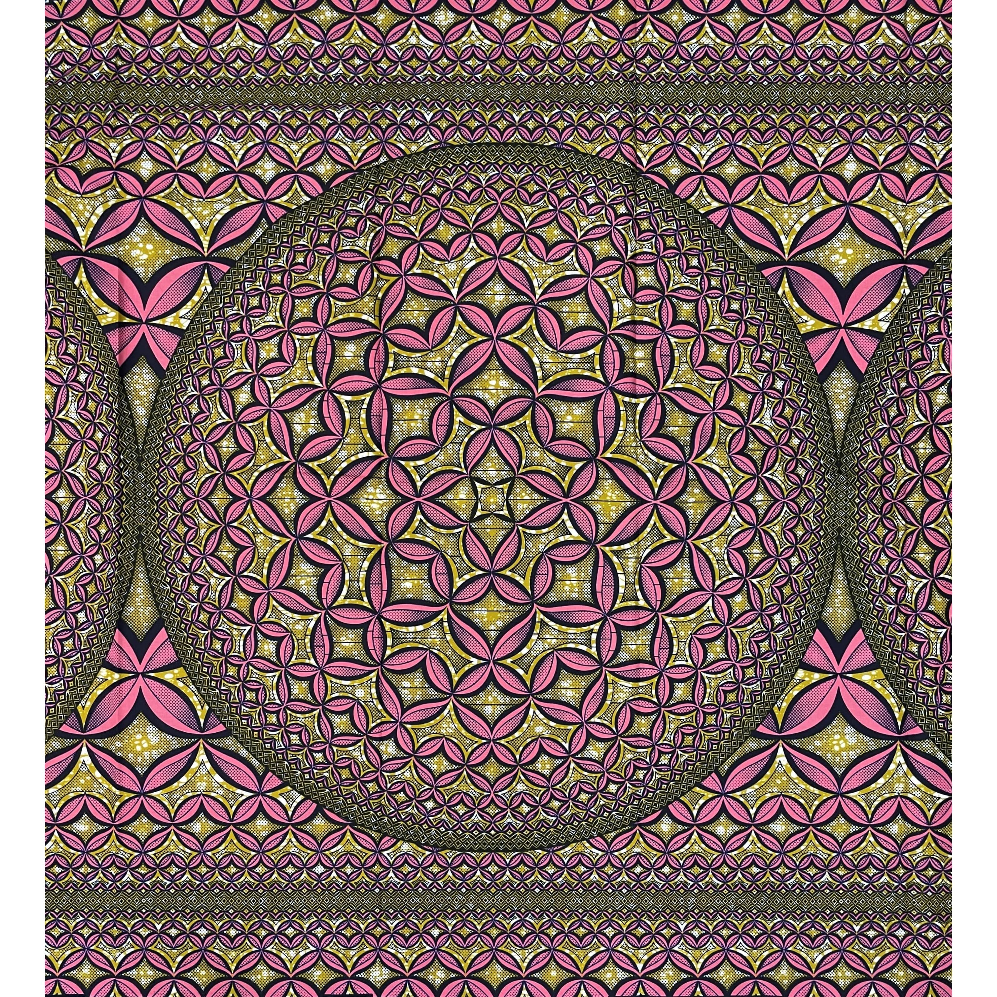 African Wax Pagne - 6 Yards 100% Cotton Fabric - PINK / KHAKI GREEN