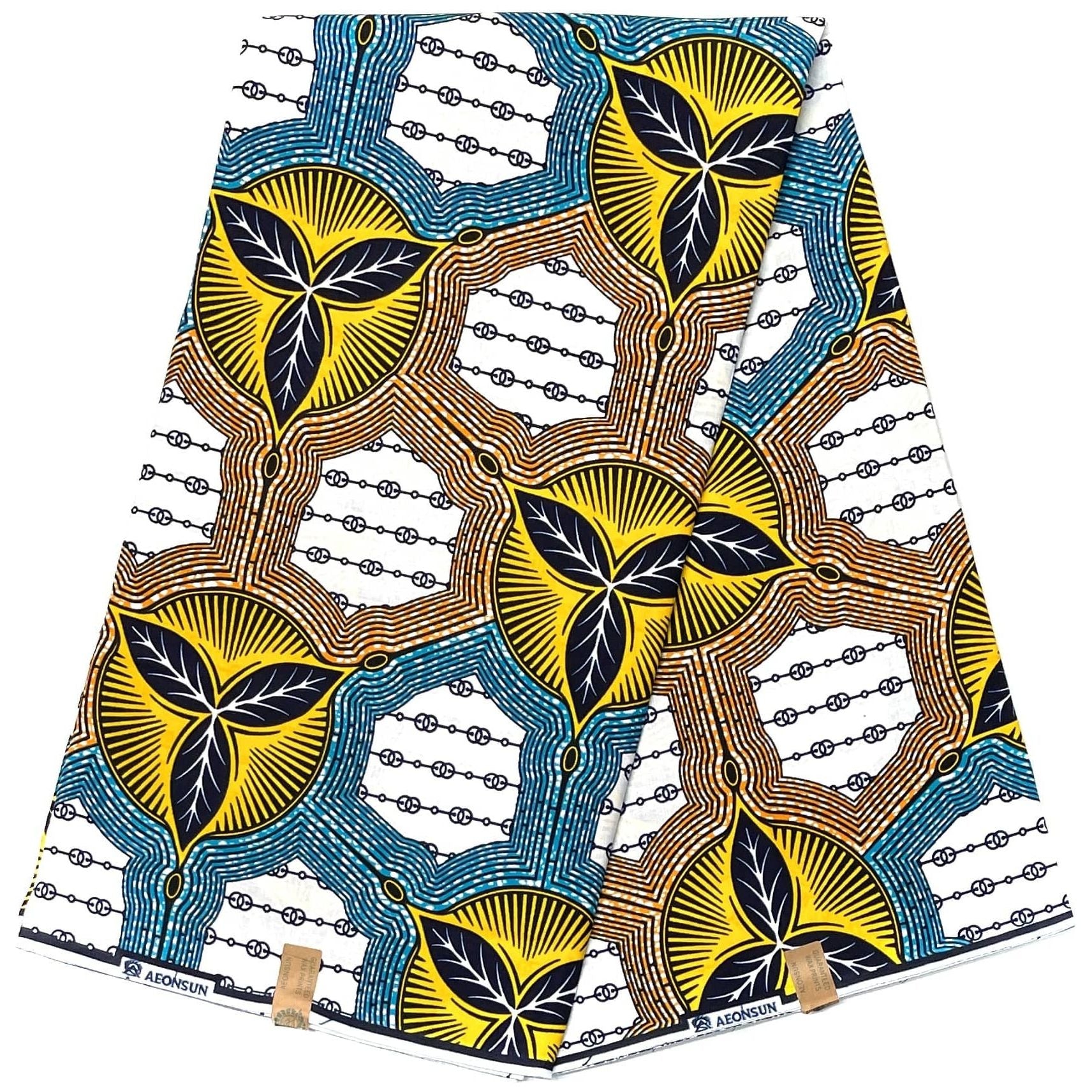 African Wax Pagne - 6 Yards 100% Cotton Fabric - WHITE / YELLOW / BLUE