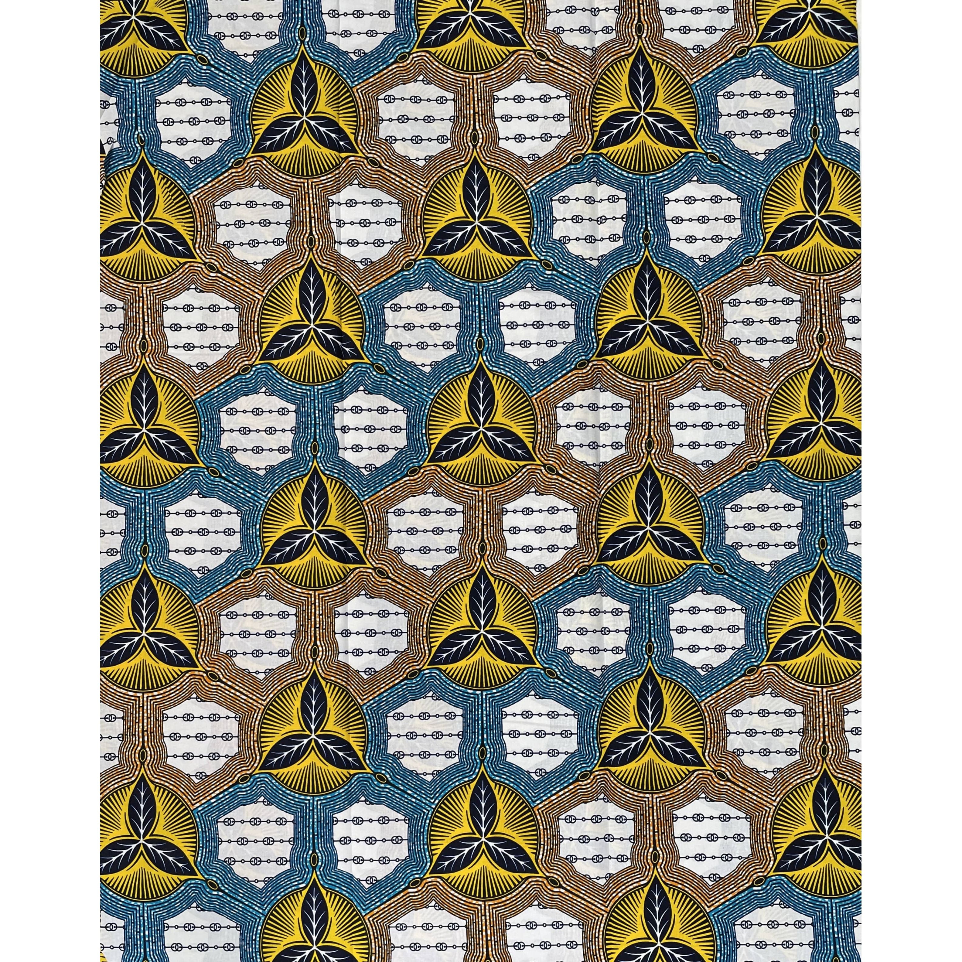 African Wax Pagne - 6 Yards 100% Cotton Fabric - WHITE / YELLOW / BLUE