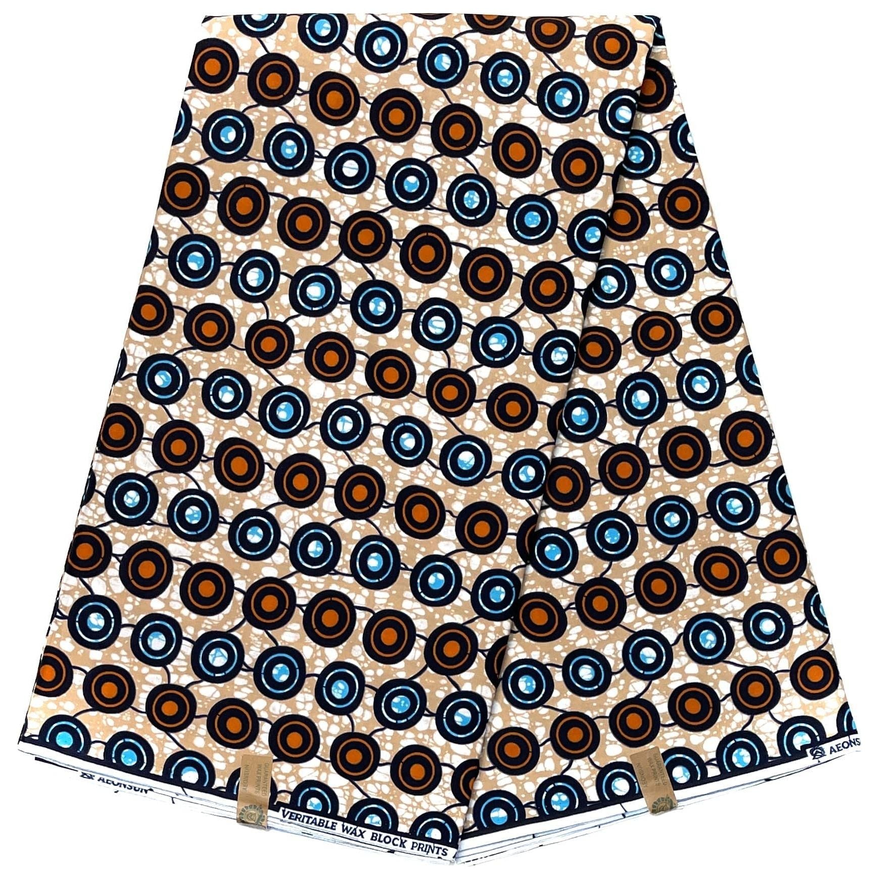 African Wax Pagne - 6 Yards 100% Cotton Fabric - BEIGE / ORANGE / SKY BLUE