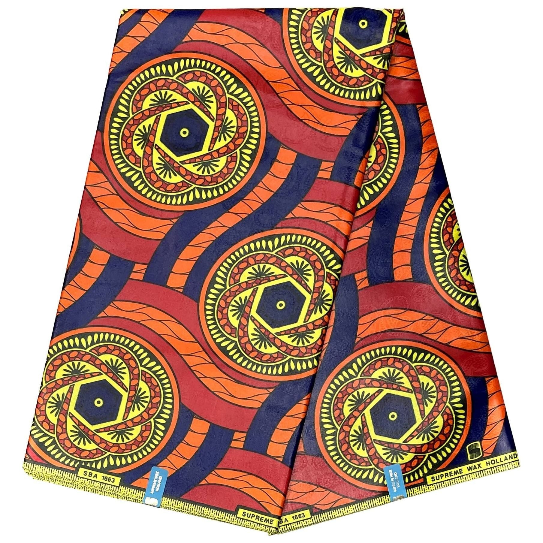 Bazin Wax African Pagne - 6 Yards Cotton Fabric - ORANGE / BLUE