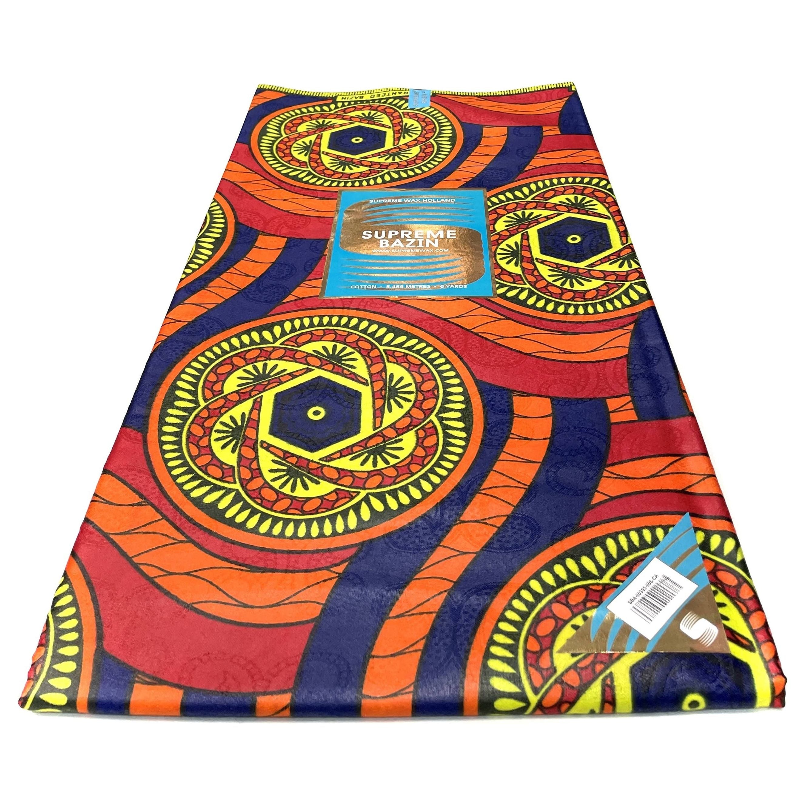 Bazin Wax African Pagne - 6 Yards Cotton Fabric - ORANGE / BLUE