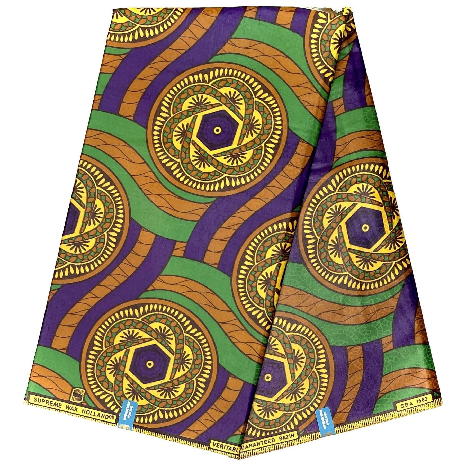 Bazin Wax African Pagne - 6 Yards Cotton Fabric - PURPLE / GREEN