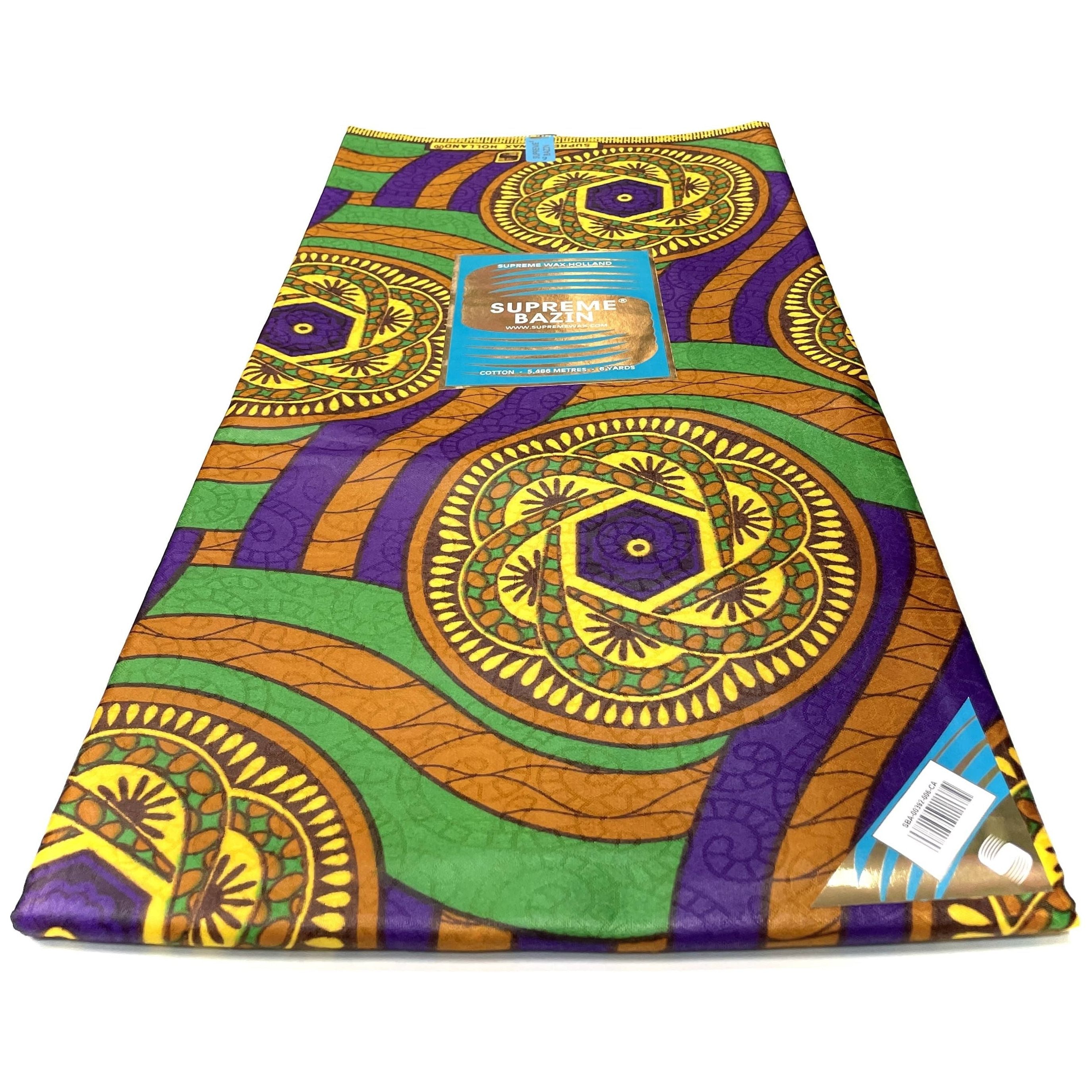 Bazin Wax African Pagne - 6 Yards Cotton Fabric - PURPLE / GREEN