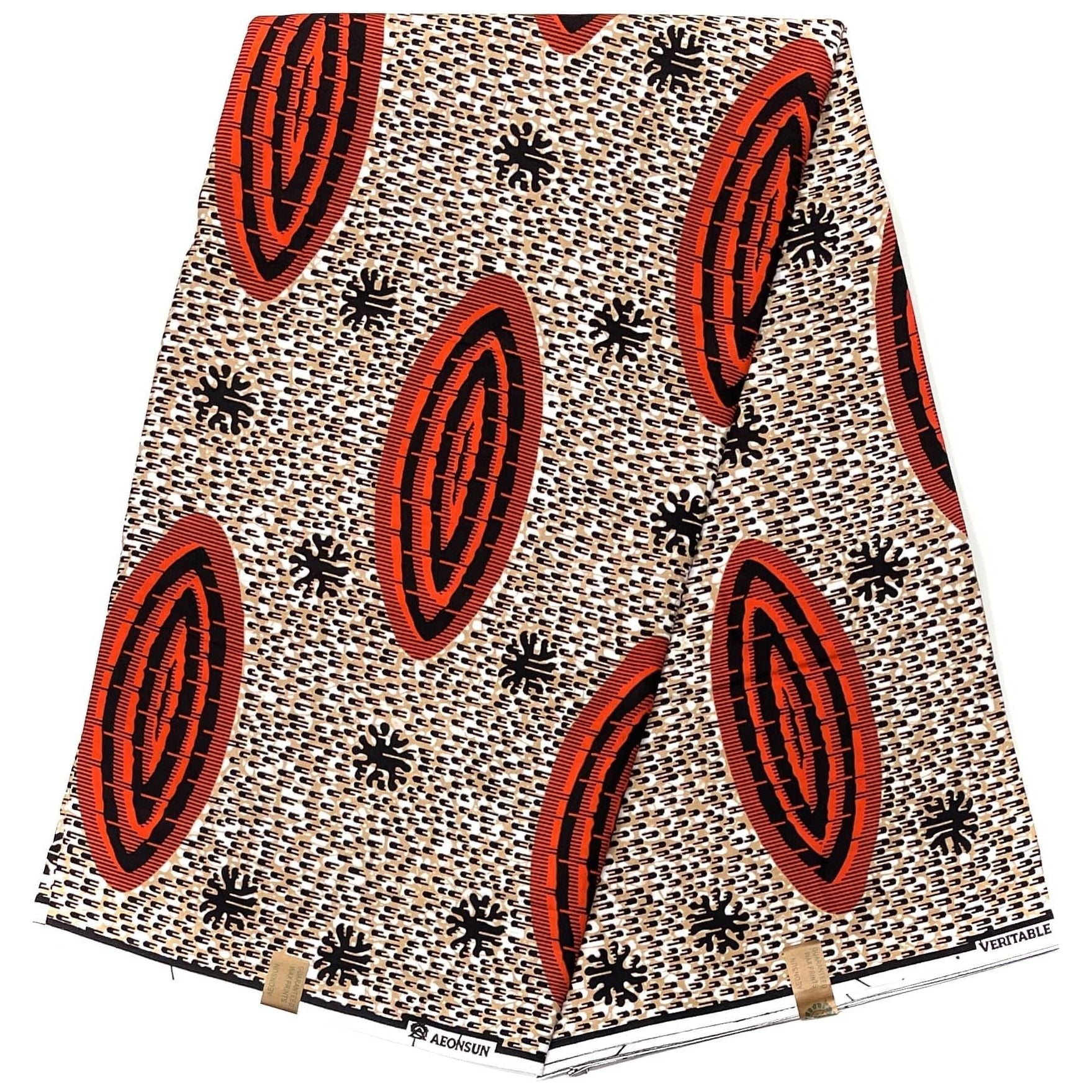 Pagne di cera africana - Tessuto 100% cotone da 6 metri - ROSSO / BEIGE