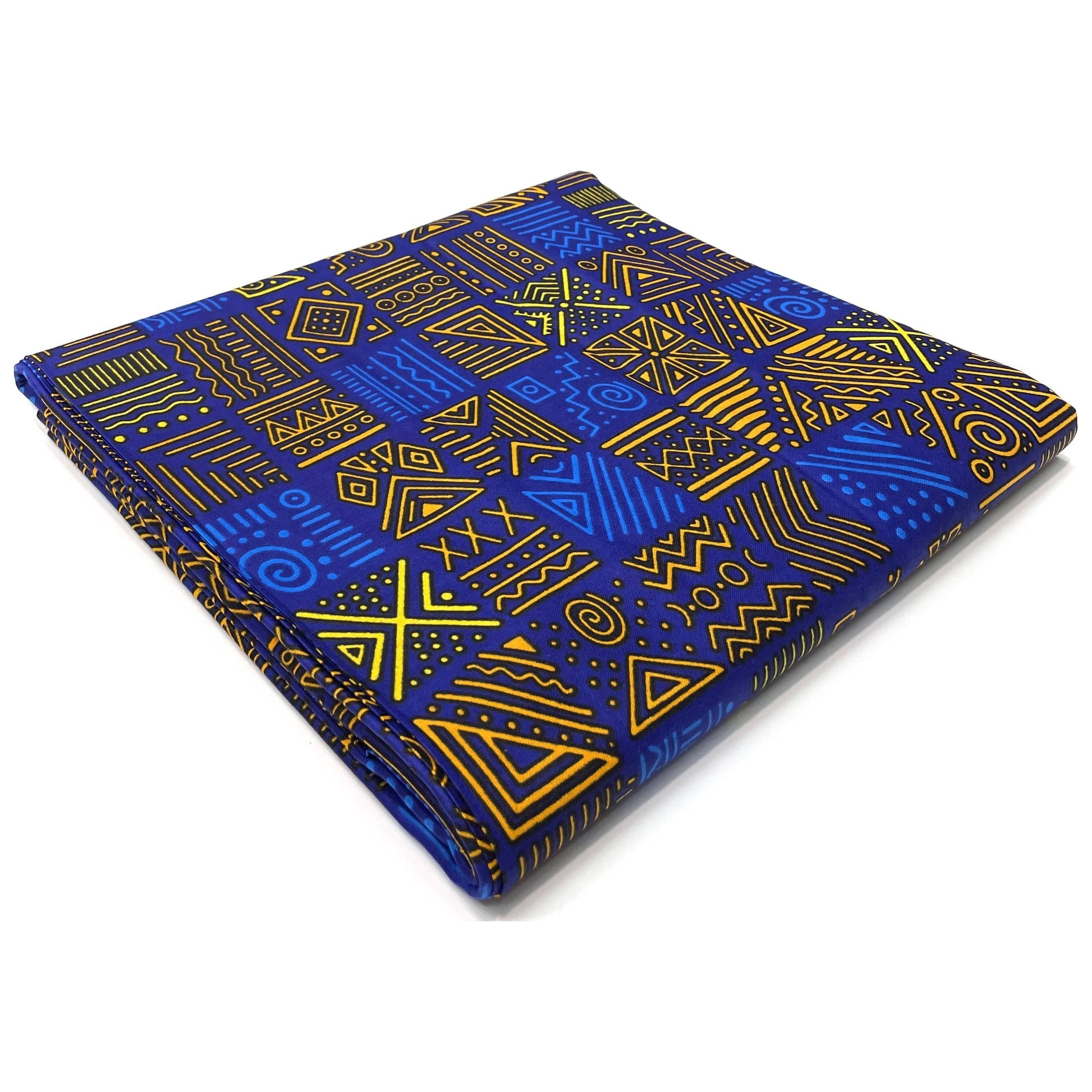 Wax Tissu Pagne Africain - Coupon 2 Yards 100% Coton - BLEU / JAUNE