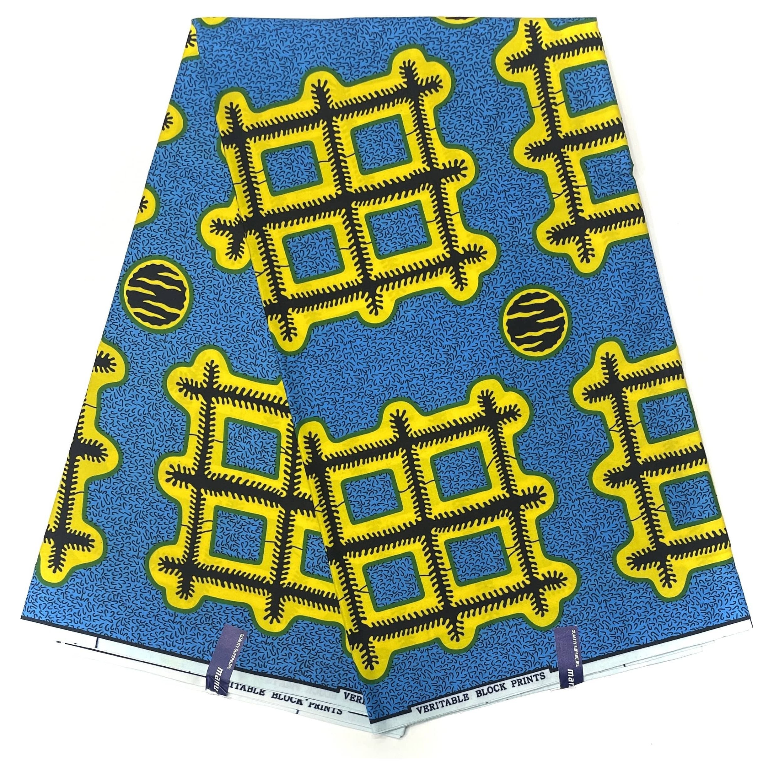 Wax Pagne Africain - Tissu 6 Yards POLYESTER - BLEU / JAUNE