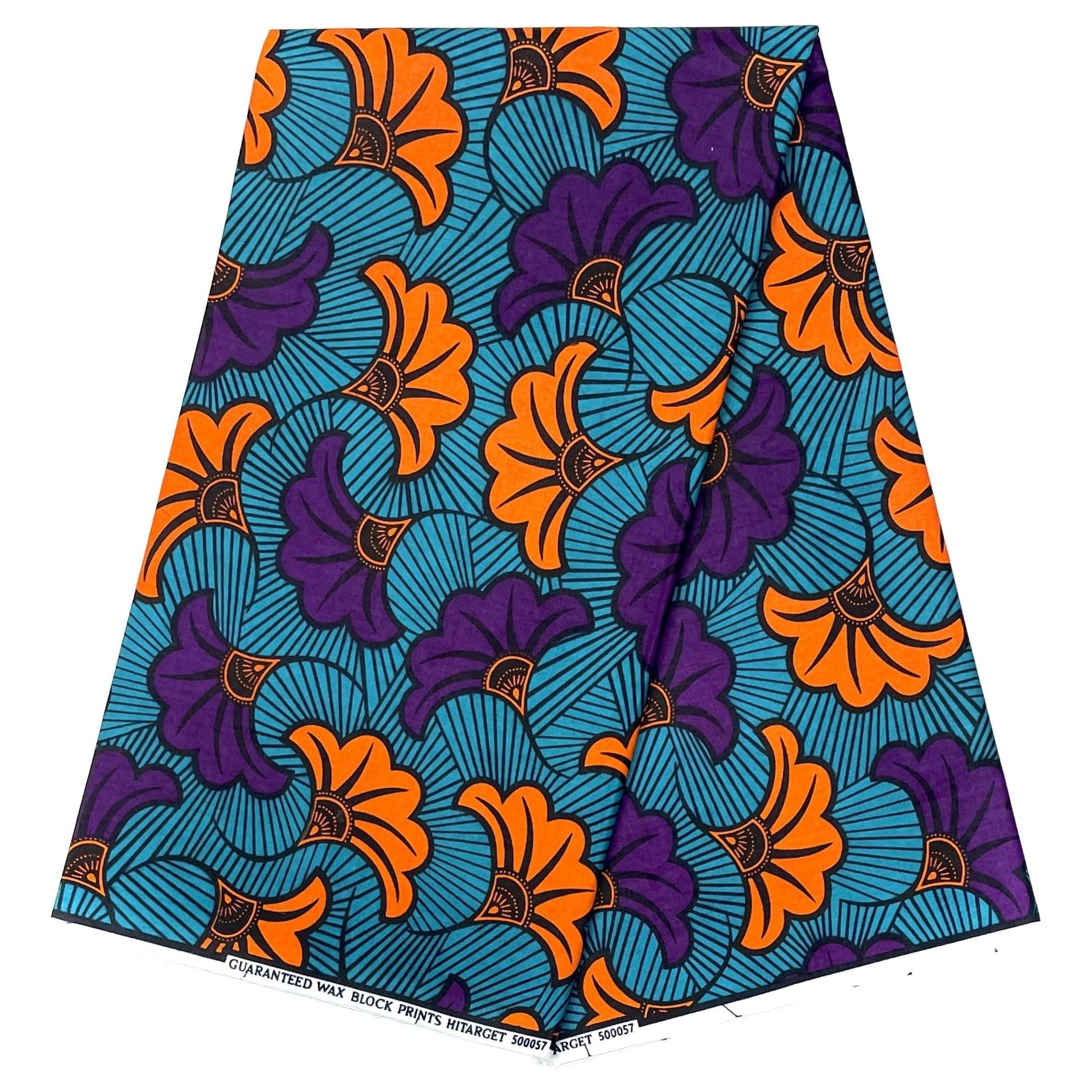 African Wax Pagne - 6 Yards 100% Cotton Fabric - Small Defects - TURQUOISE / ORANGE