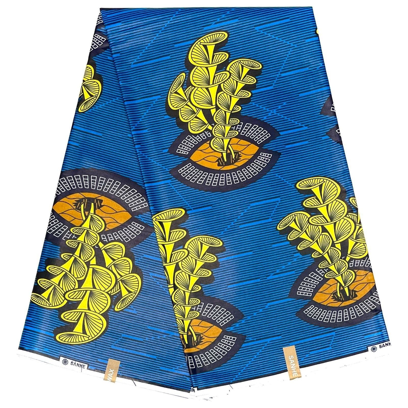 Pagne di cera africana - Tessuto satinato 6 metri 100% cotone - BLU / GIALLO