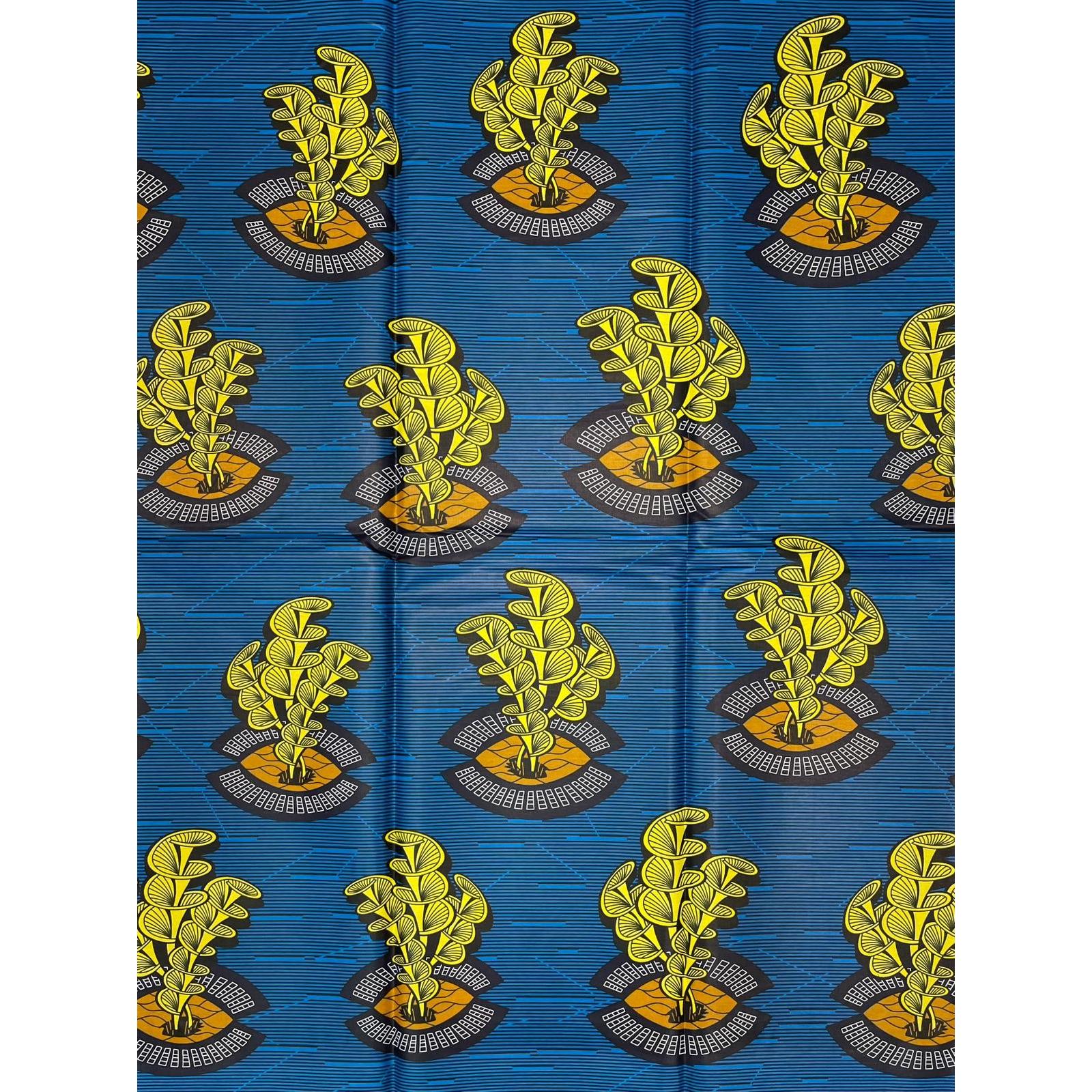 African Wax Pagne - Satin Fabric 6 Yards 100% Cotton - BLUE / YELLOW