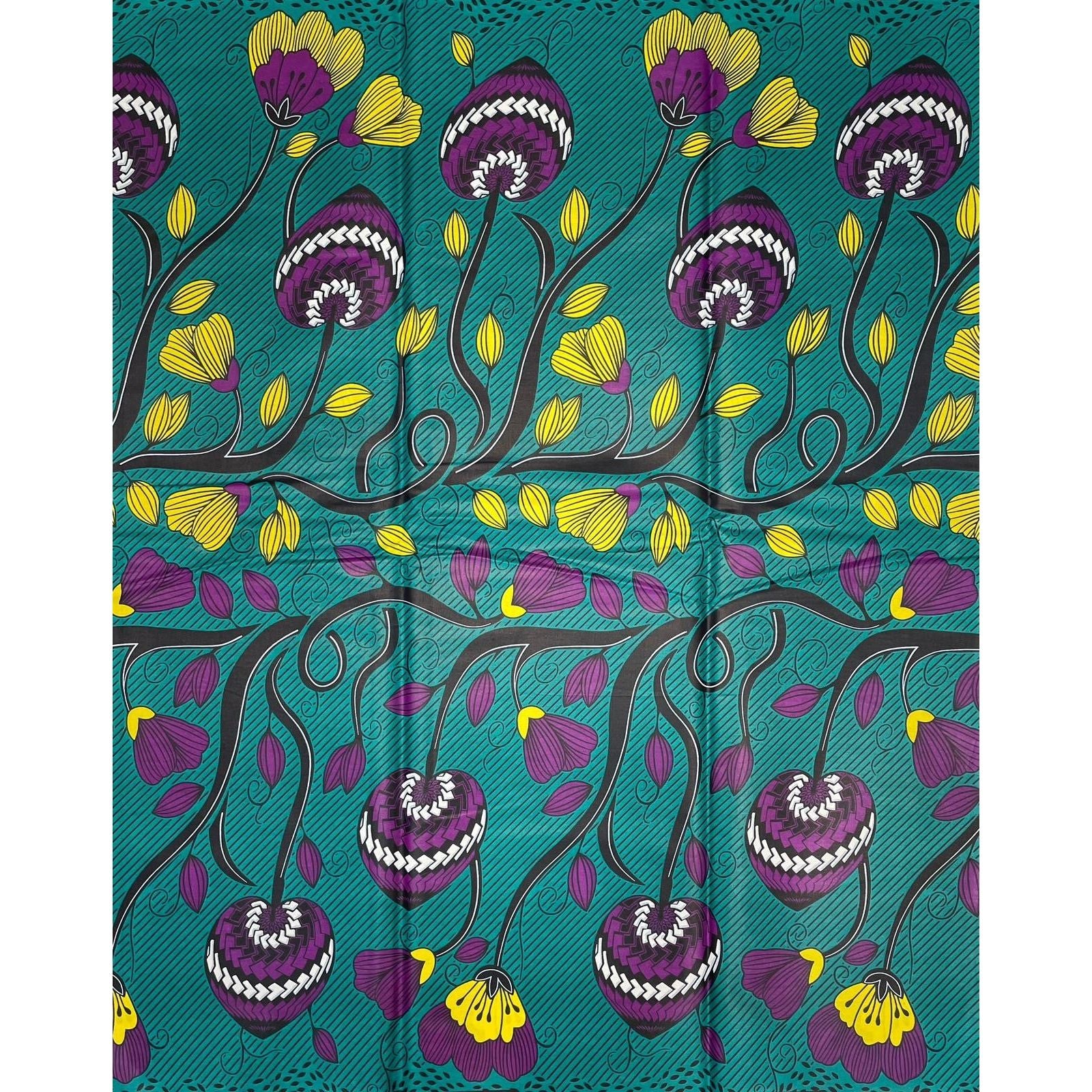 African Wax Pagne - Satin Fabric 6 Yards 100% Cotton - TURQUOISE / PURPLE