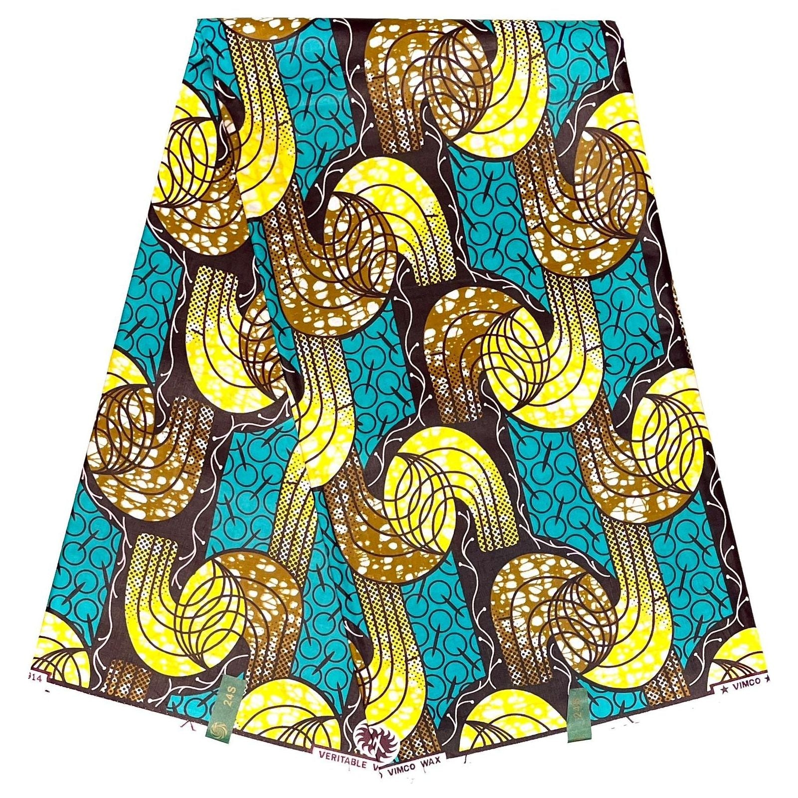 African Wax Pagne - Satin Fabric 6 Yards 100% Cotton - TURQUOISE / YELLOW