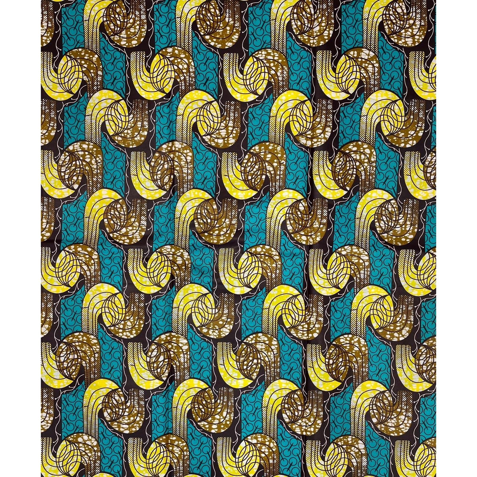 African Wax Pagne - Satin Fabric 6 Yards 100% Cotton - TURQUOISE / YELLOW