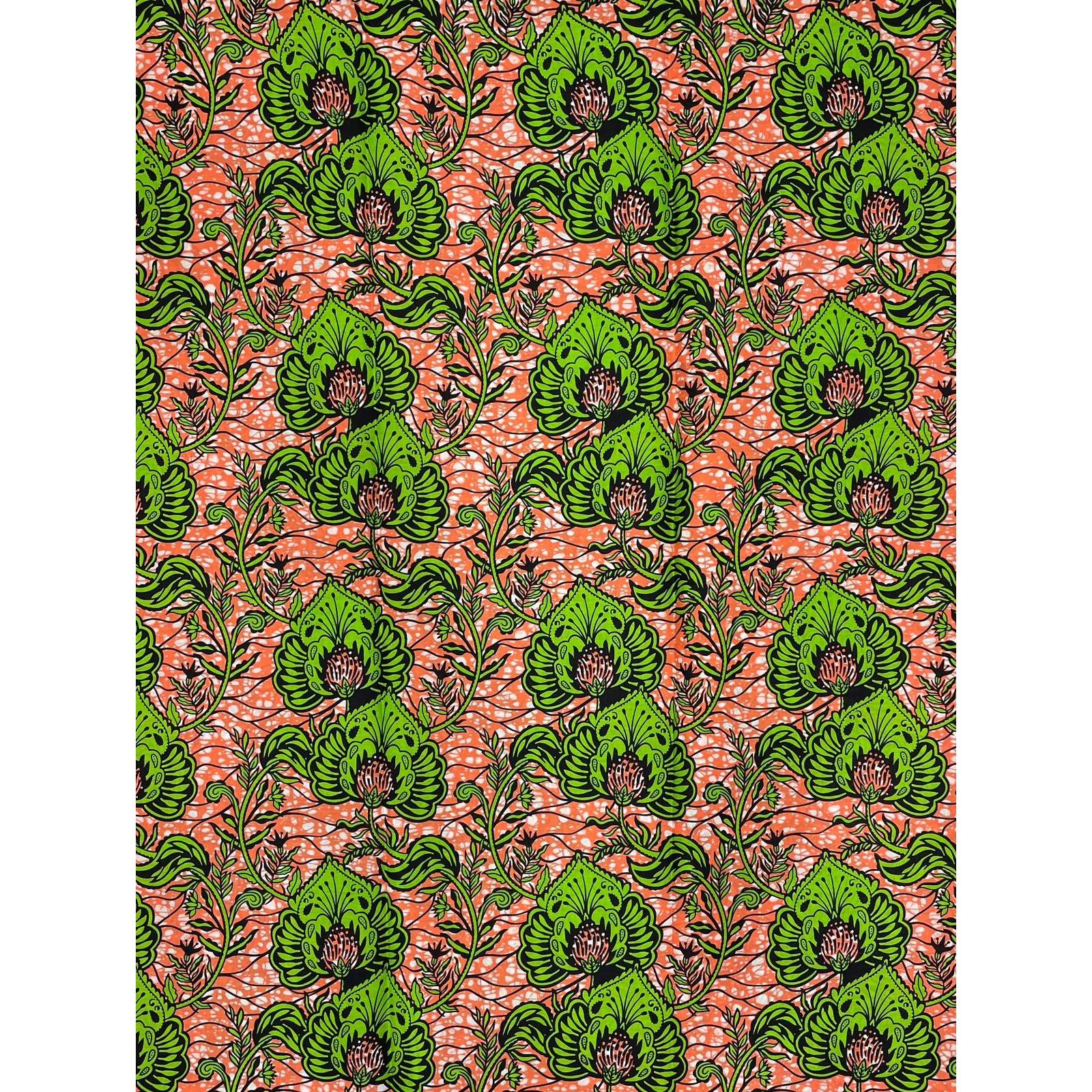 African Wax Pagne - 6 Yards 100% Cotton Fabric - SALMON / GREEN