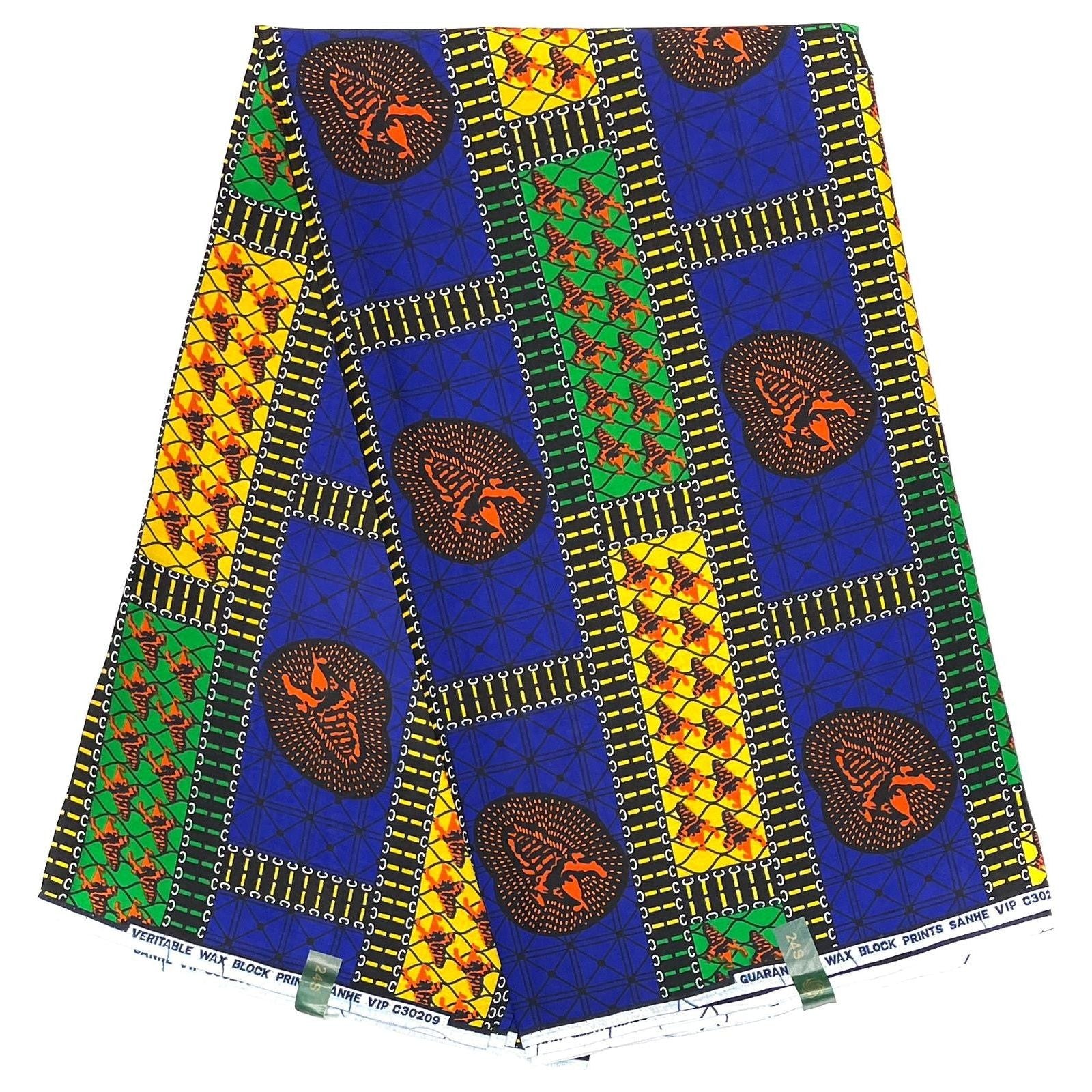 Wax Pagne Africain - Tissu 6 Yards 100% Coton - BLEU / VERT