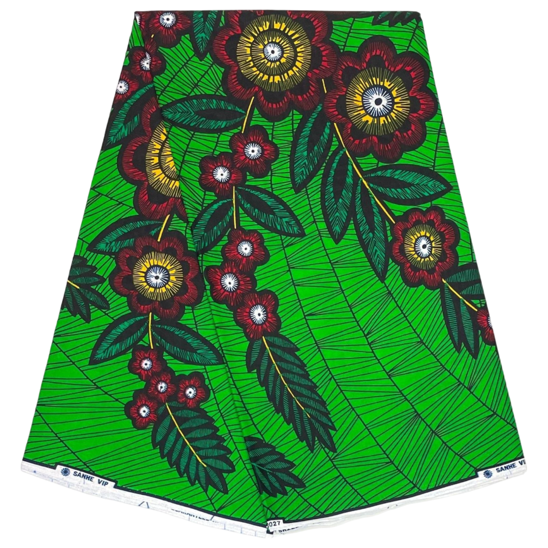 African Wax Pagne - 6 Yards 100% Cotton Fabric - GREEN / RED