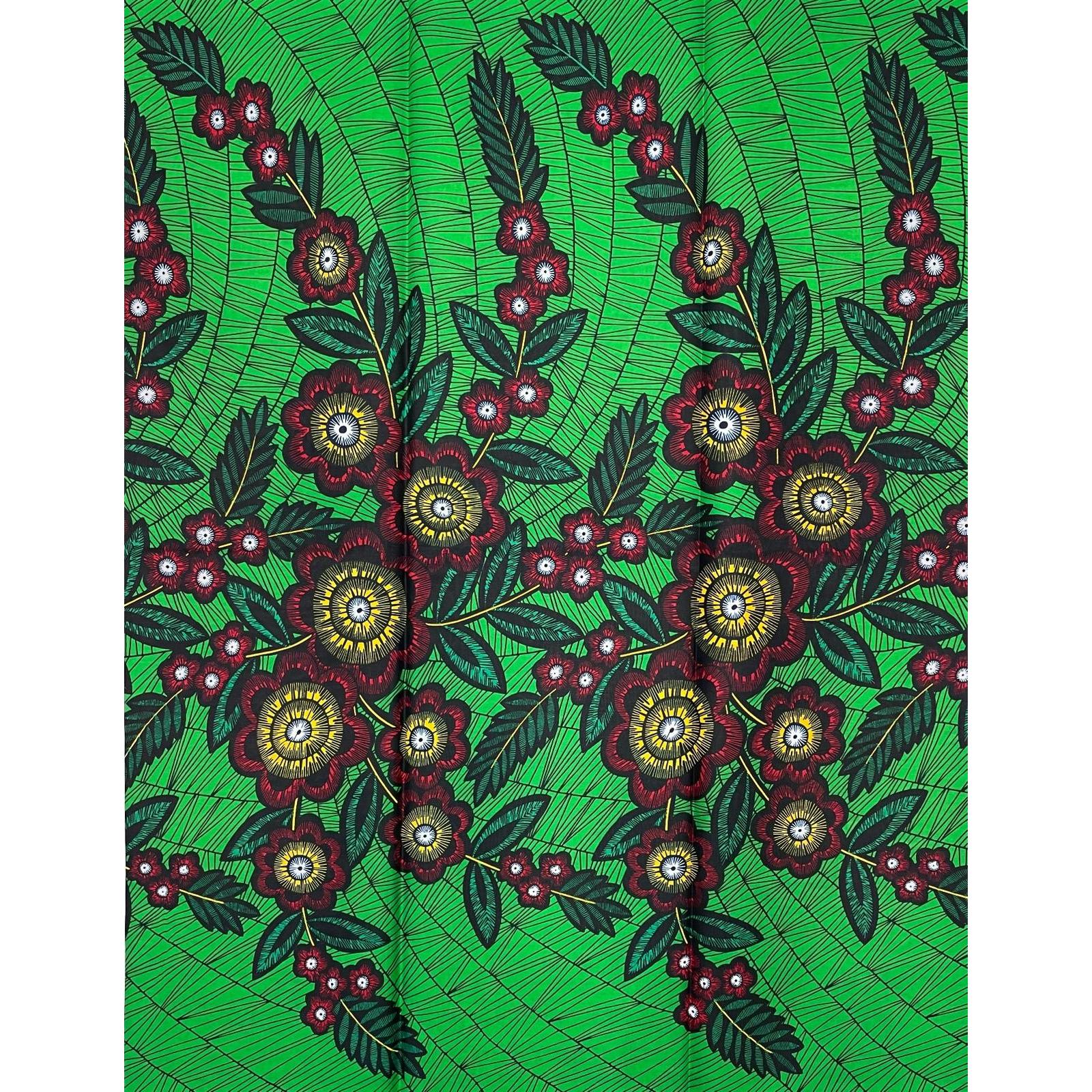 African Wax Pagne - 6 Yards 100% Cotton Fabric - GREEN / RED