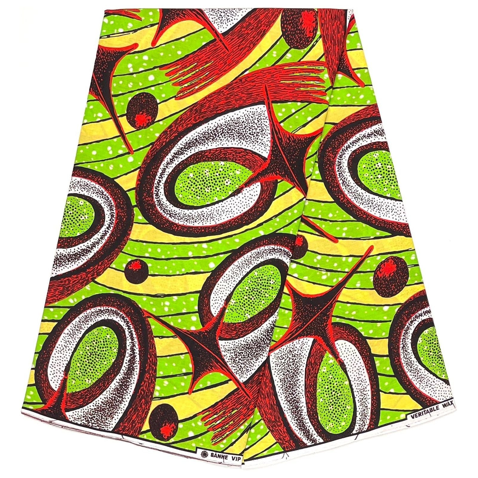 Pagne di cera africana - Tessuto 100% cotone da 6 metri - VERDE / ROSSO