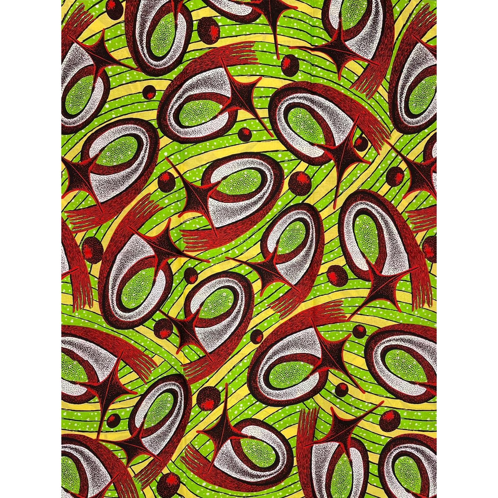 African Wax Pagne - 6 Yards 100% Cotton Fabric - GREEN / RED