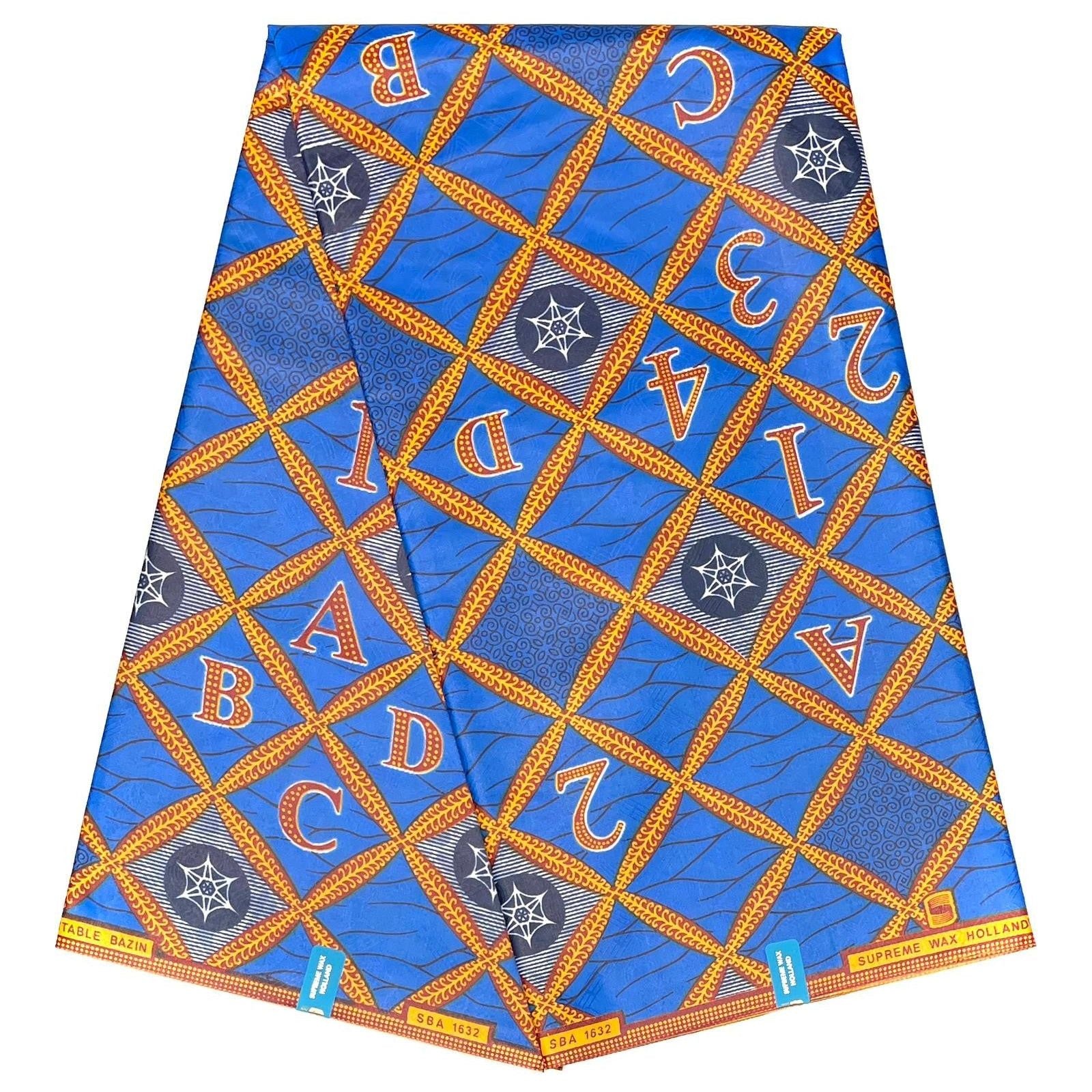 Bazin Wax African Pagne - 6 Yards Cotton Fabric - BLUE / ORANGE