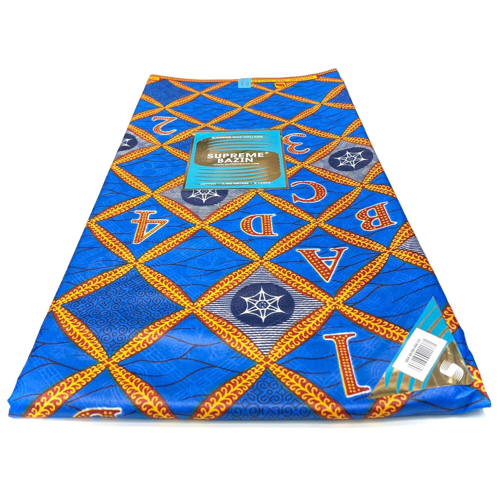 Bazin Wax African Pagne - 6 Yards Cotton Fabric - BLUE / ORANGE