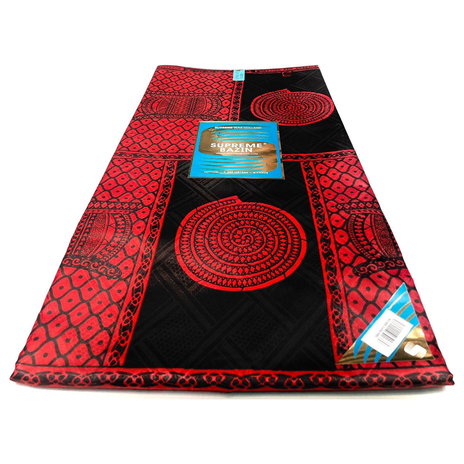 Bazin Wax African Pagne - 6 Yards Cotton Fabric - RED / BLACK